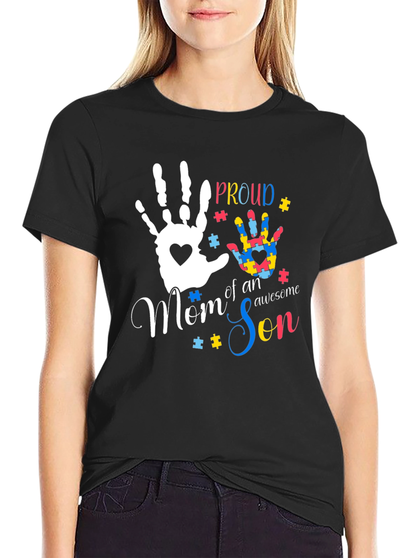 Black Proud Mom of an Awesome Son Autism Awareness T-Shirt view 2