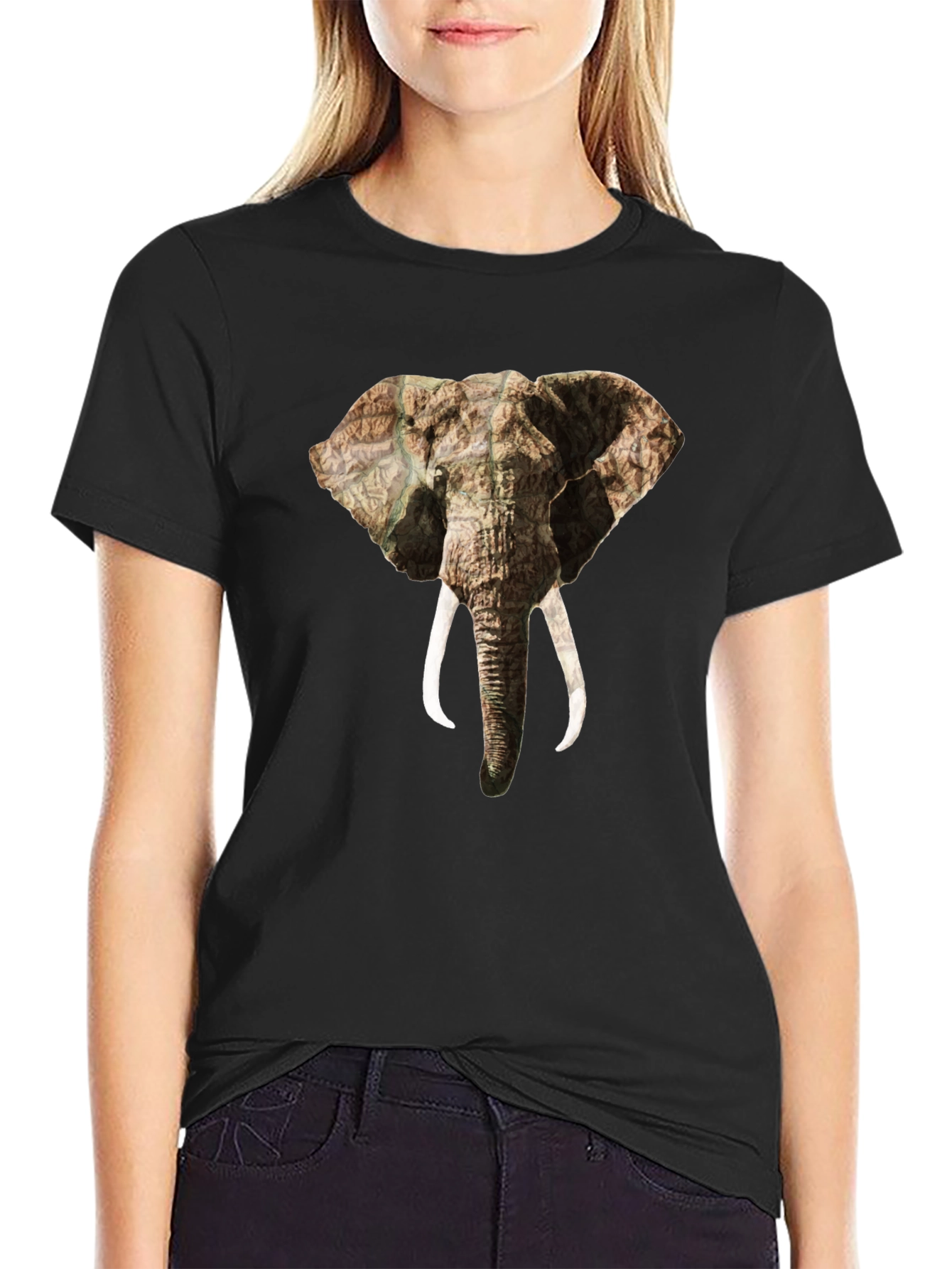 Black Elephant Head Print Black T-Shirt view 2