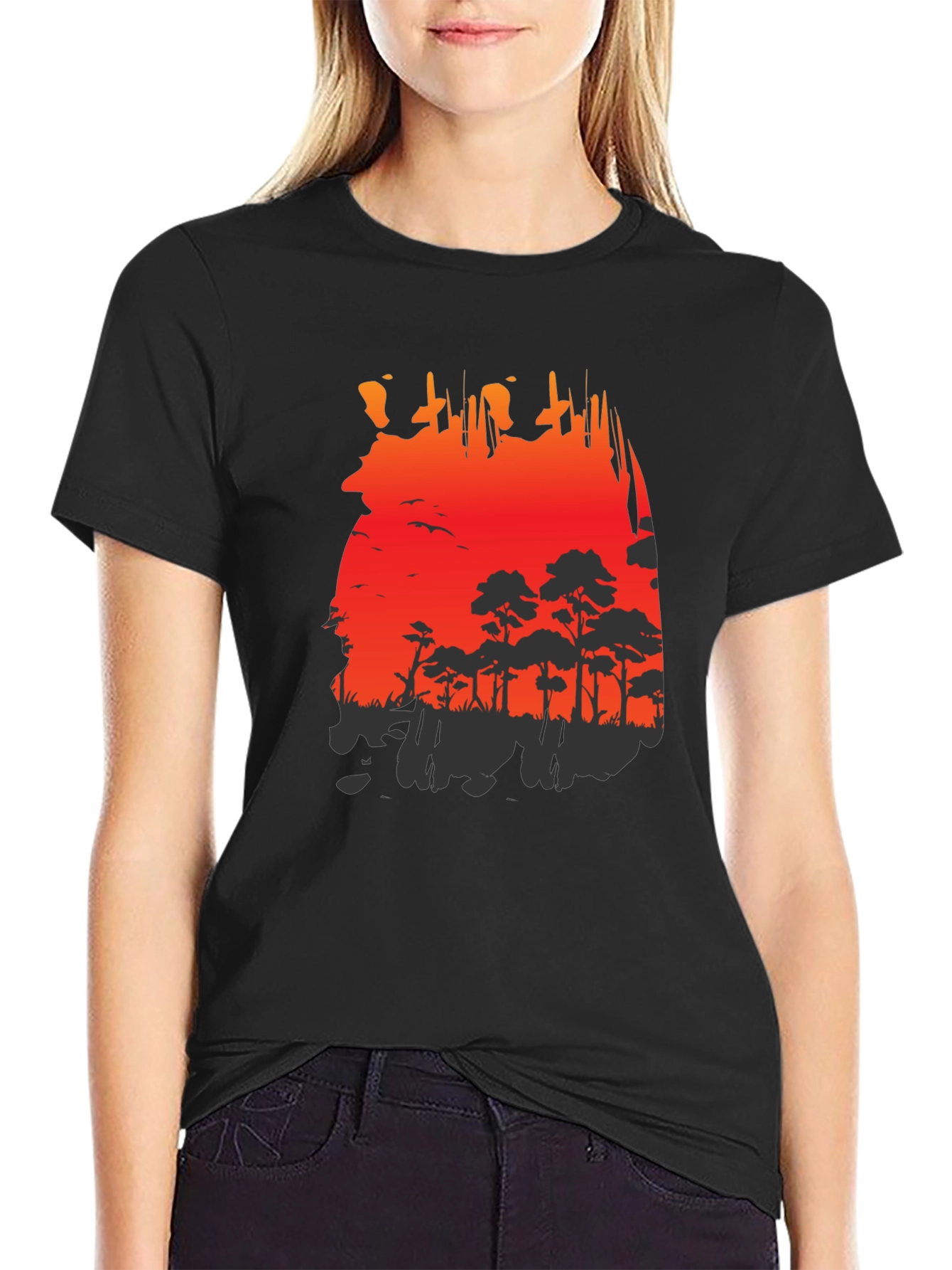 Black Red Sunset Forest Graphic Tee view 2