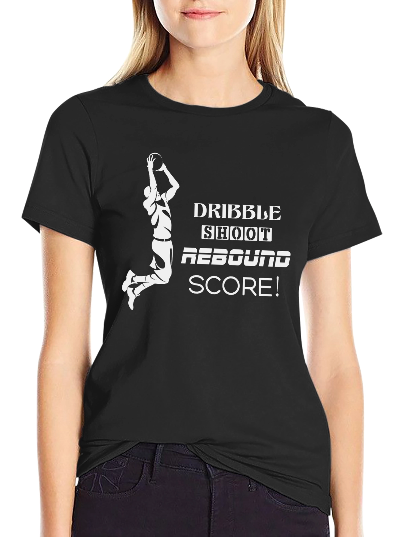 Black Basketball Graphic Tee: Dribble, Shoot, Rebound, Score! Black Cotton Shirt view 2