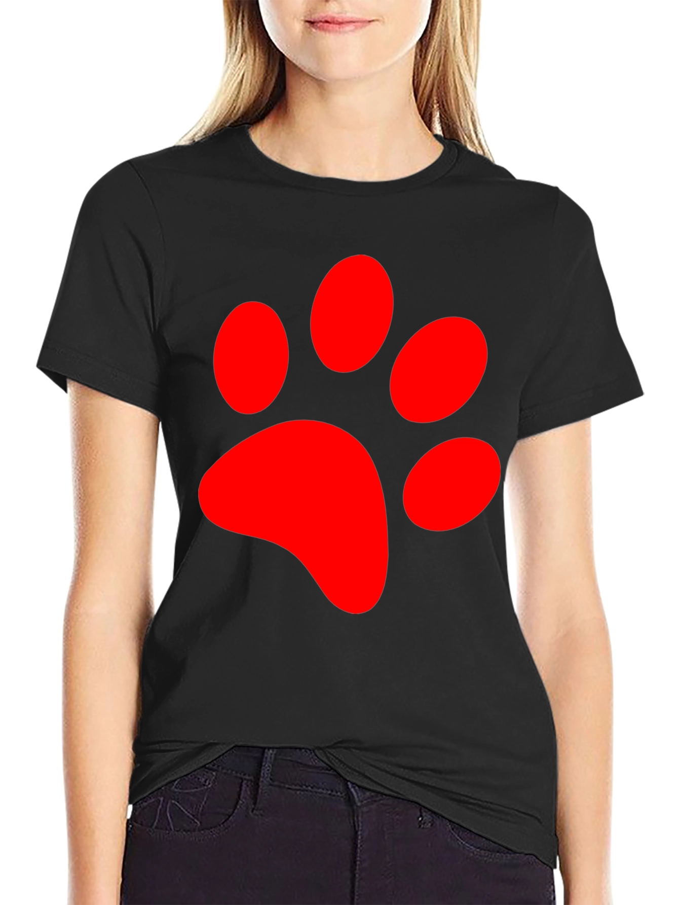 Black Red Paw Print Graphic Tee - Black Casual T-Shirt view 2
