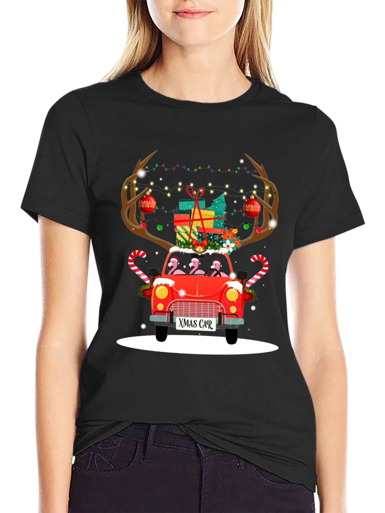 Black Festive Flamingo Xmas Car T-Shirt view 2