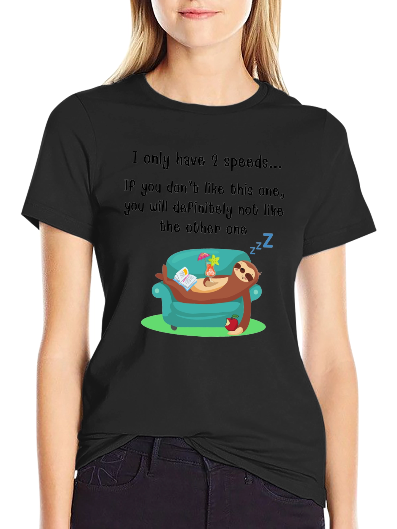 Black Funny Sloth 2 Speeds T-Shirt view 2