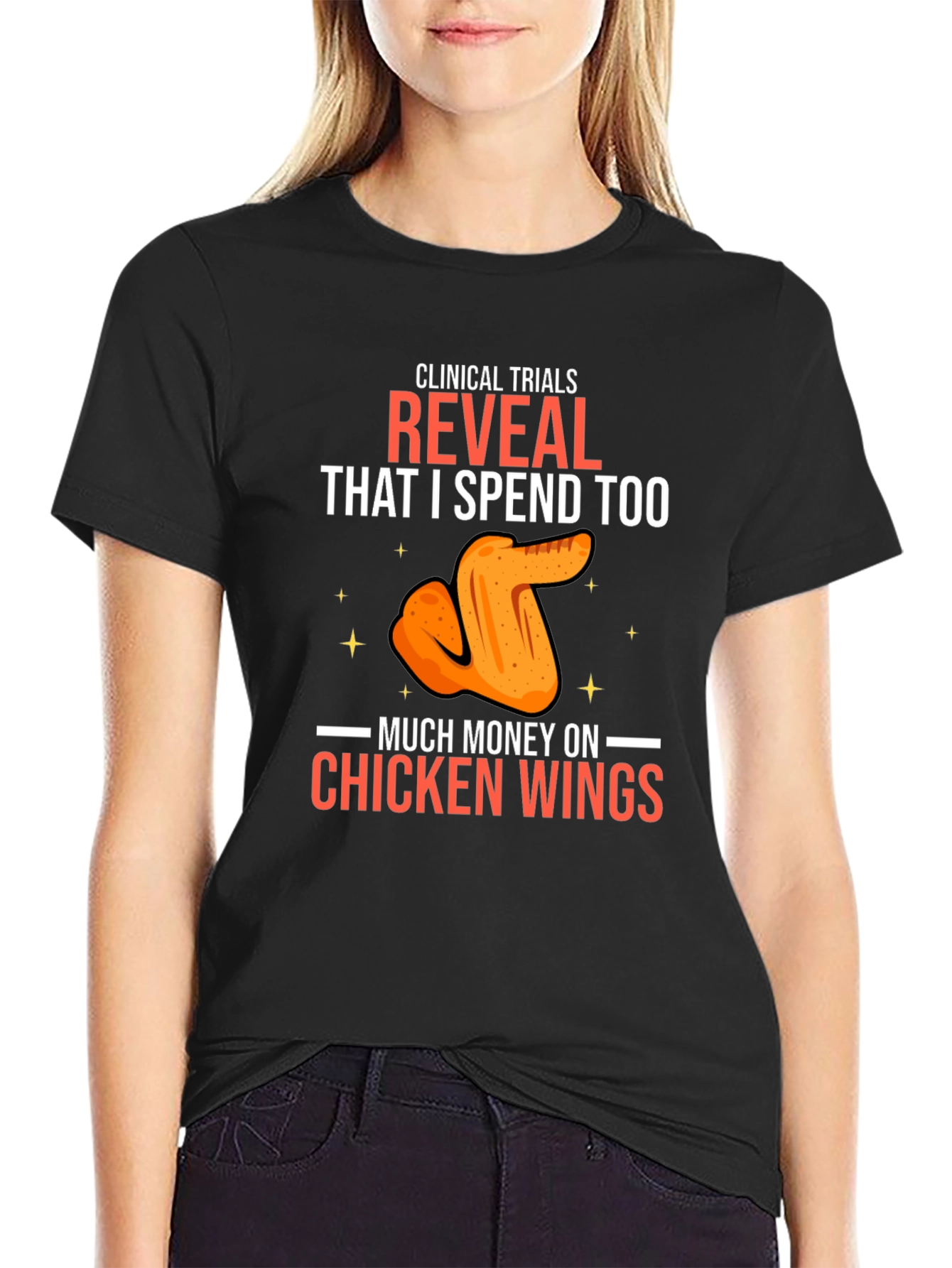 Black Chicken Wing Spending T-Shirt - Clinical Trial Humor view 2
