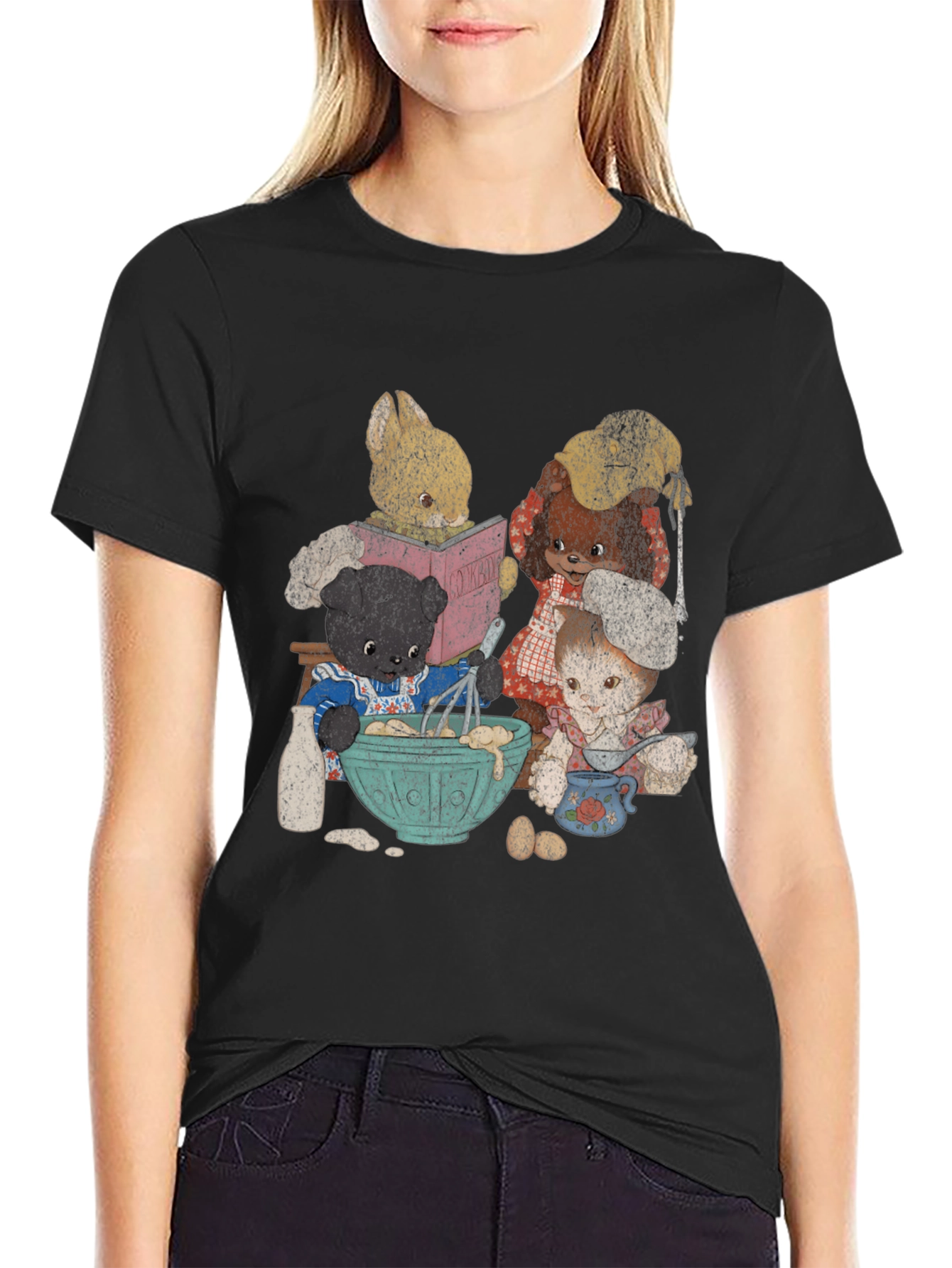 Black Retro Cartoon Animal Baking Crew Graphic Tee view 2