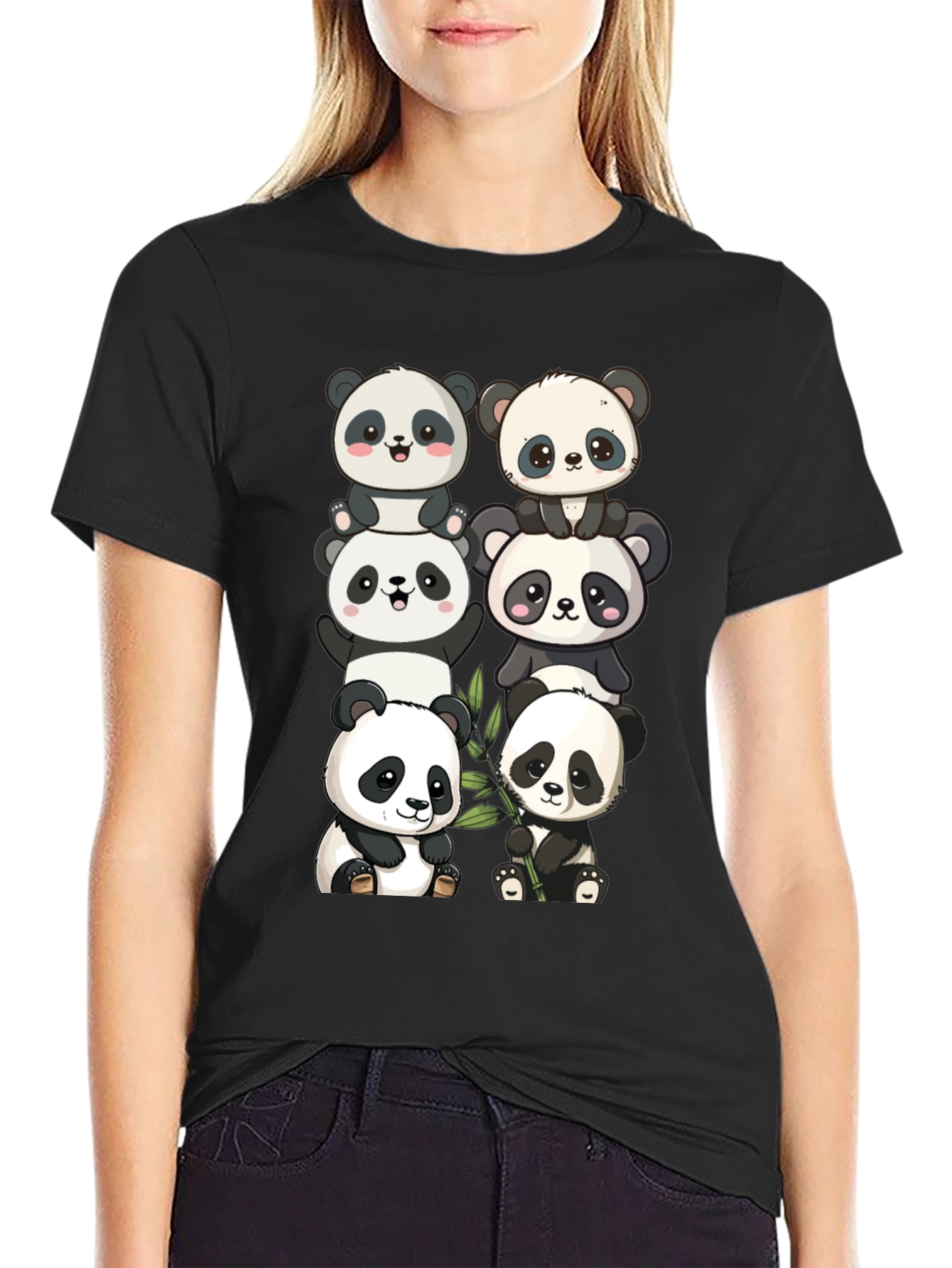 Black Cute Panda Stack Graphic Tee - Black view 2