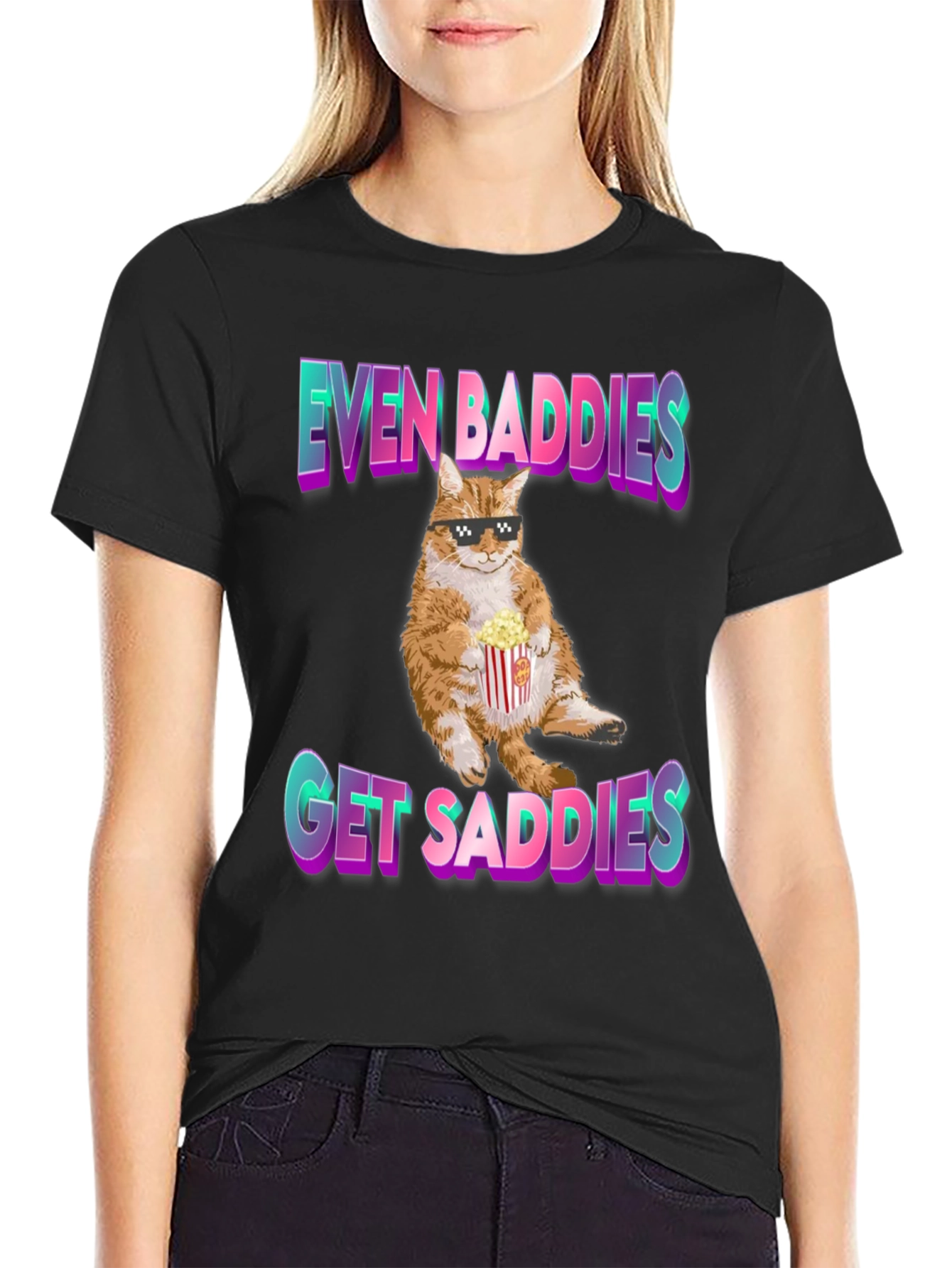 Black Even Baddies Get Saddies T-Shirt - Cat with Popcorn view 2