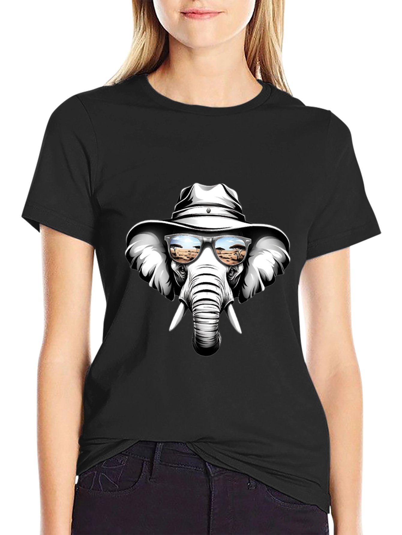 Black Cool Elephant T-Shirt: Safari Shades & Cowboy Hat view 2