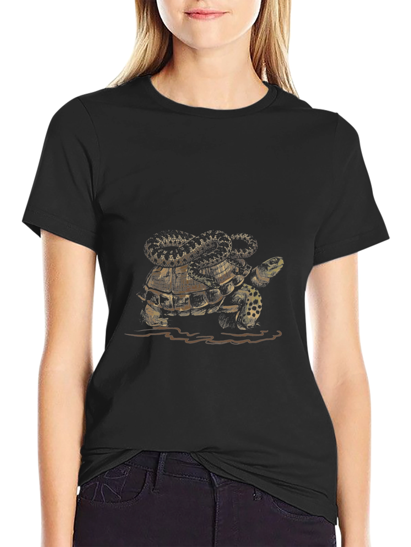 Black Turtle and Snake Graphic Print Men's Black T-Shirt view 2