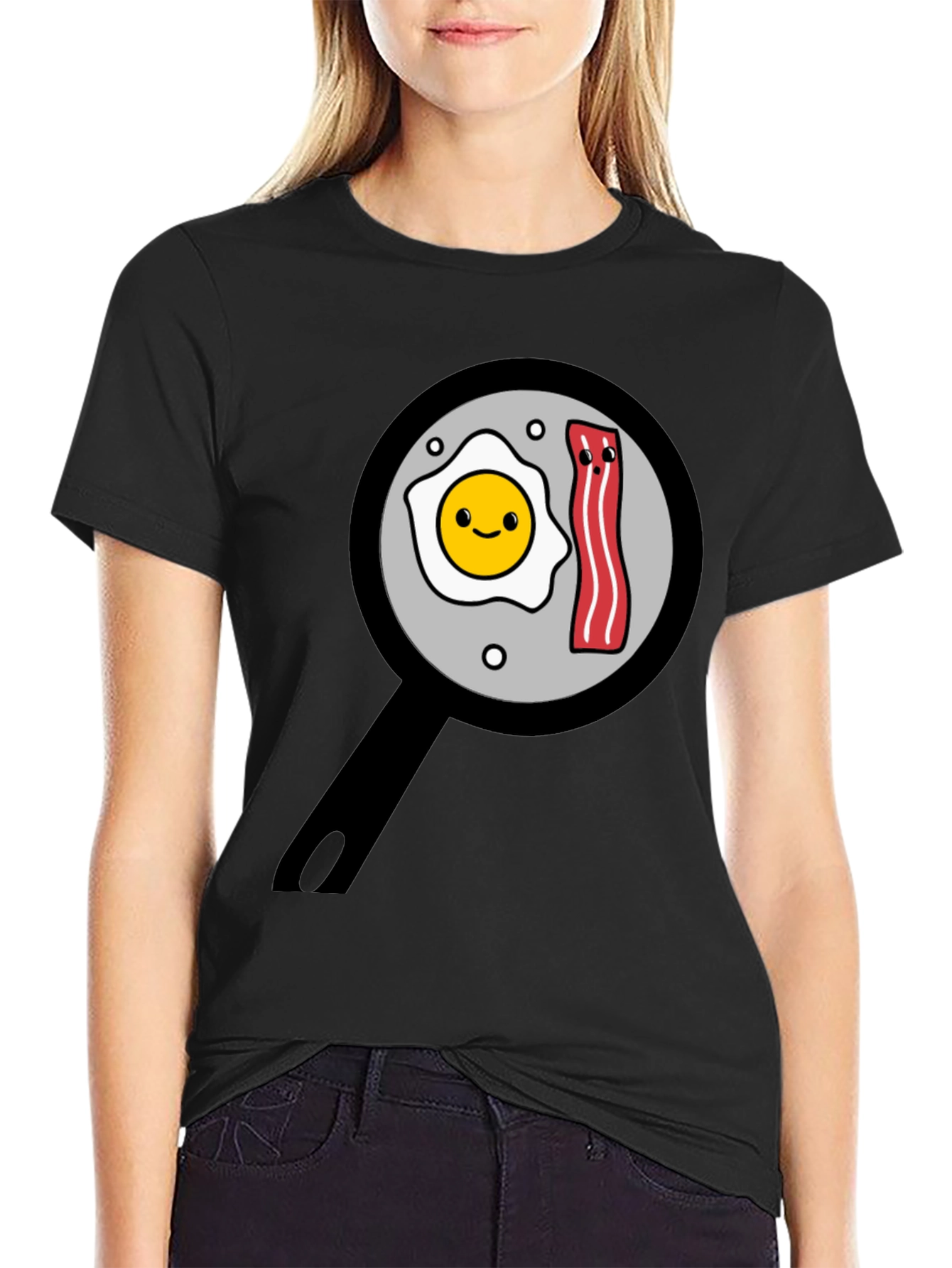 Black Funny Breakfast T-Shirt - Egg and Bacon Pan Design view 2