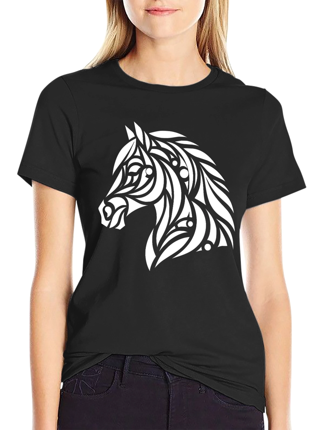 Black Tribal Horse Graphic Tee - Black Cotton T-Shirt view 2