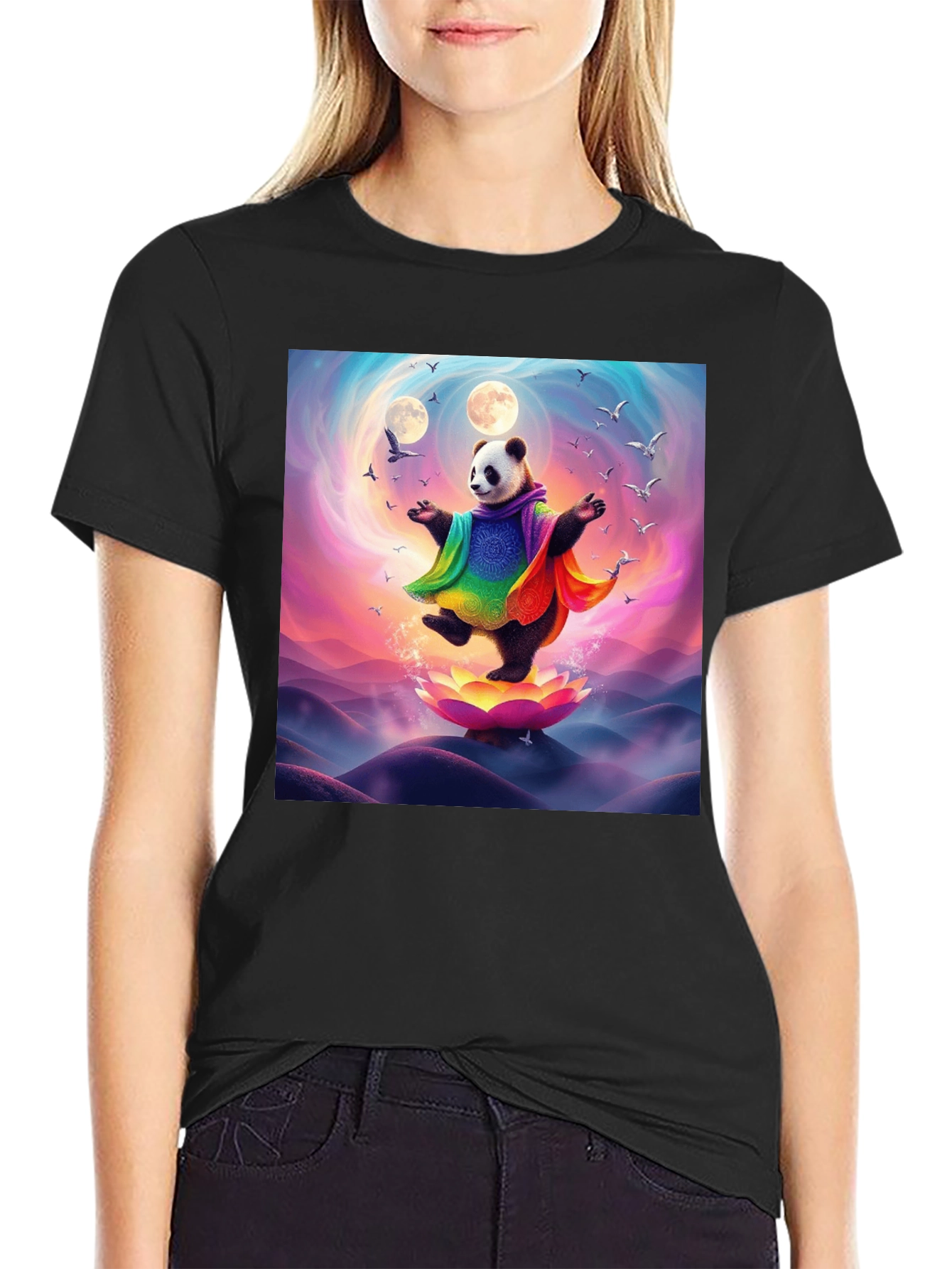 Black Zen Panda T-Shirt - Colorful Meditation Design view 2