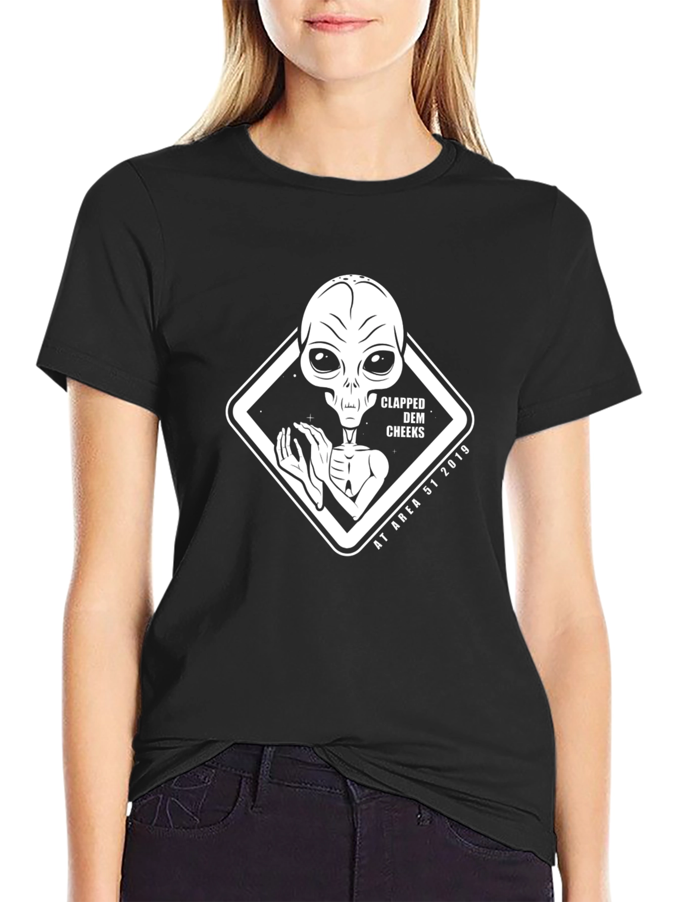 Black Area 51 Alien Clapped Dem Cheeks Black T-Shirt view 2