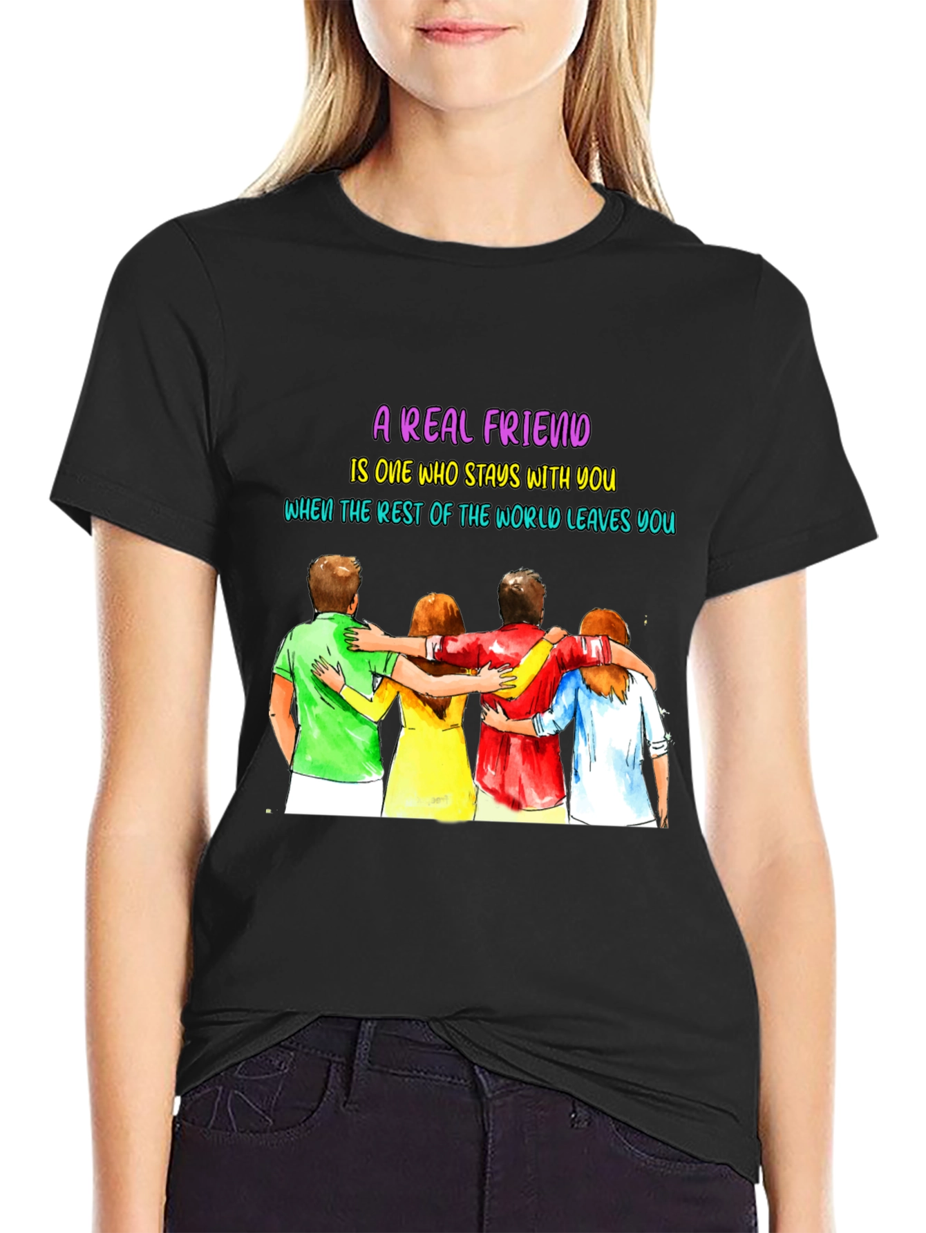 Black A Real Friend T-Shirt - Friendship Graphic Tee view 2