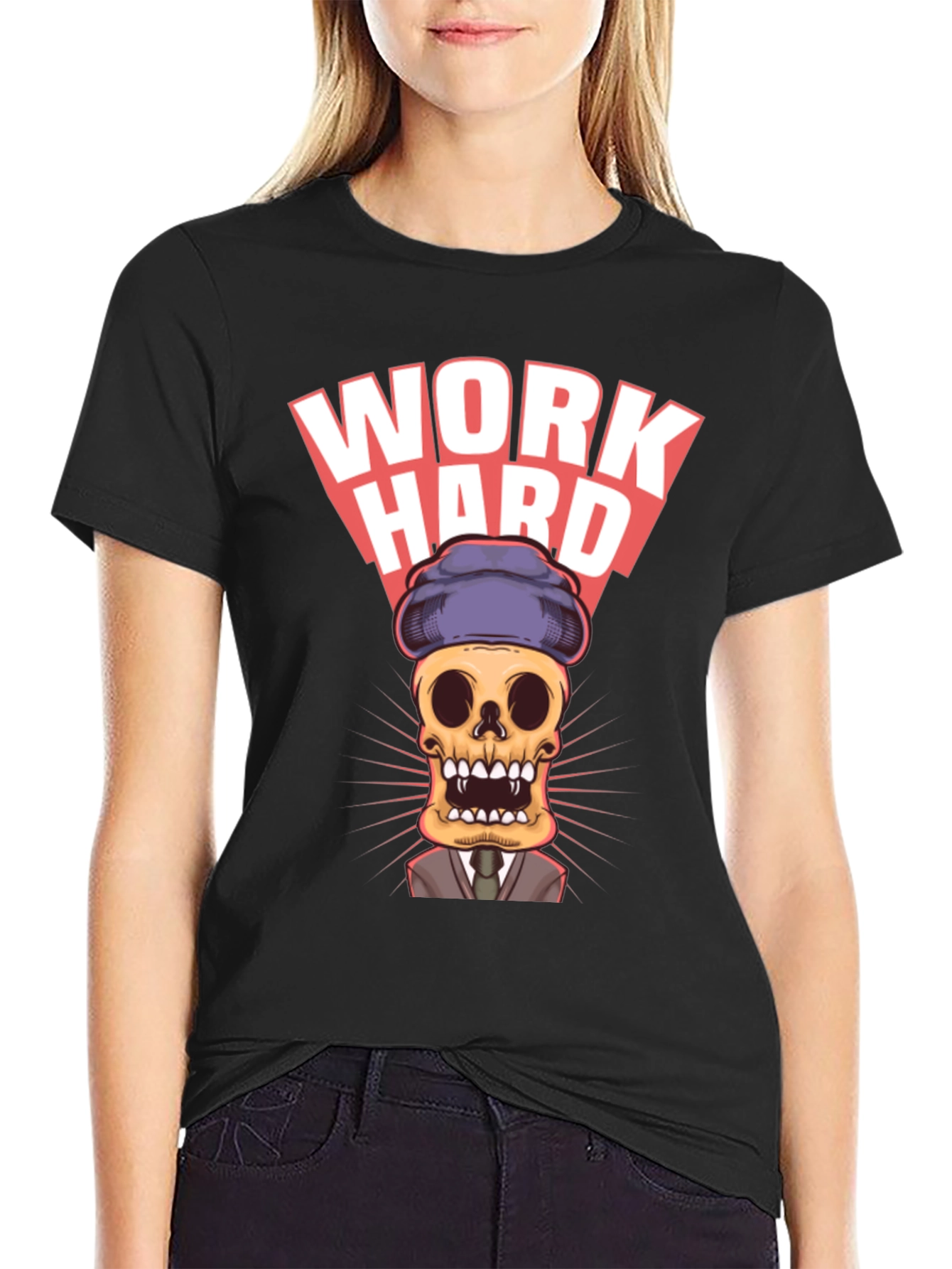 Black Work Hard Skull Graphic Tee - Premium Cotton Blend view 2