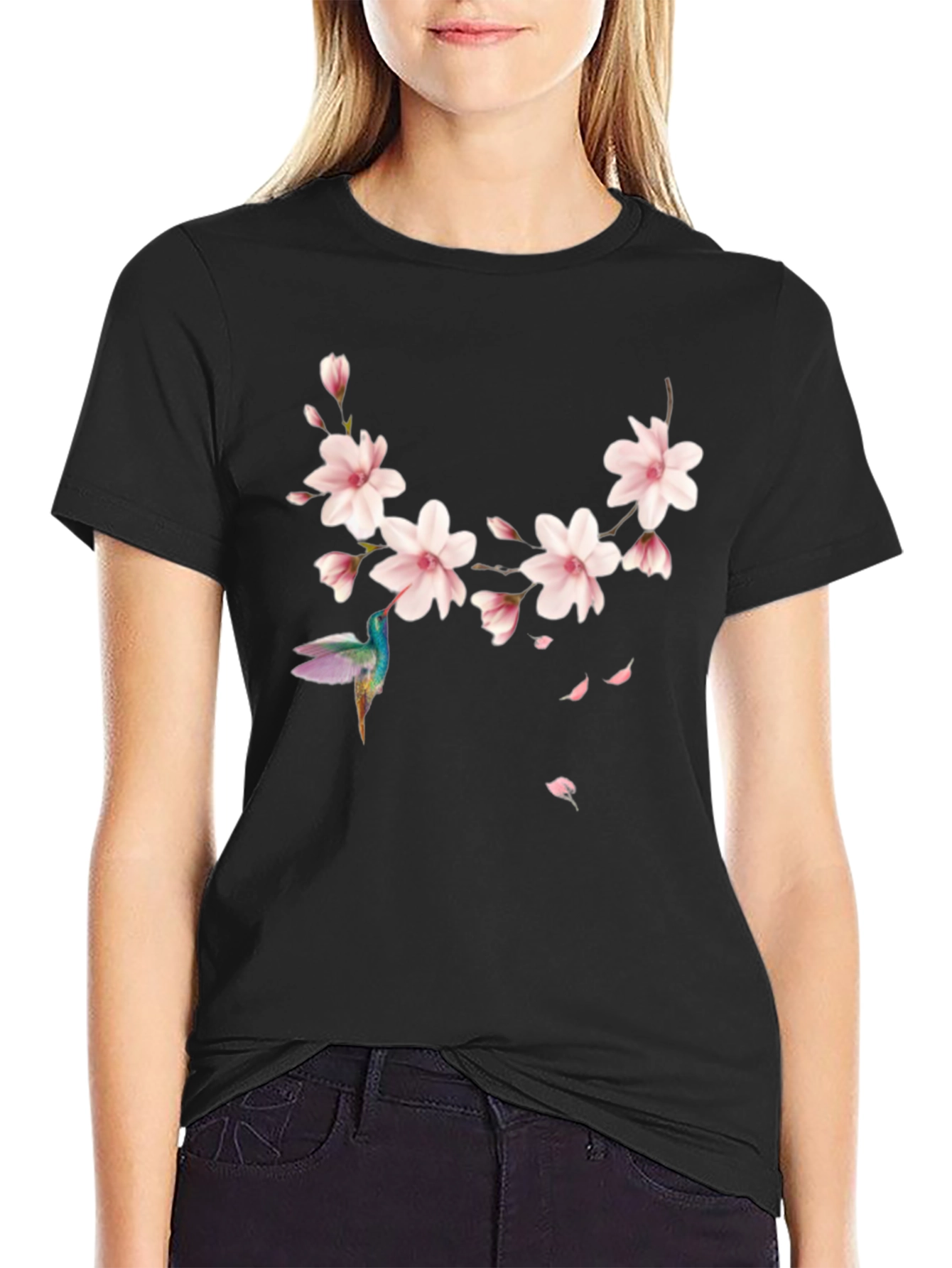 Black Floral Hummingbird Black T-Shirt view 2