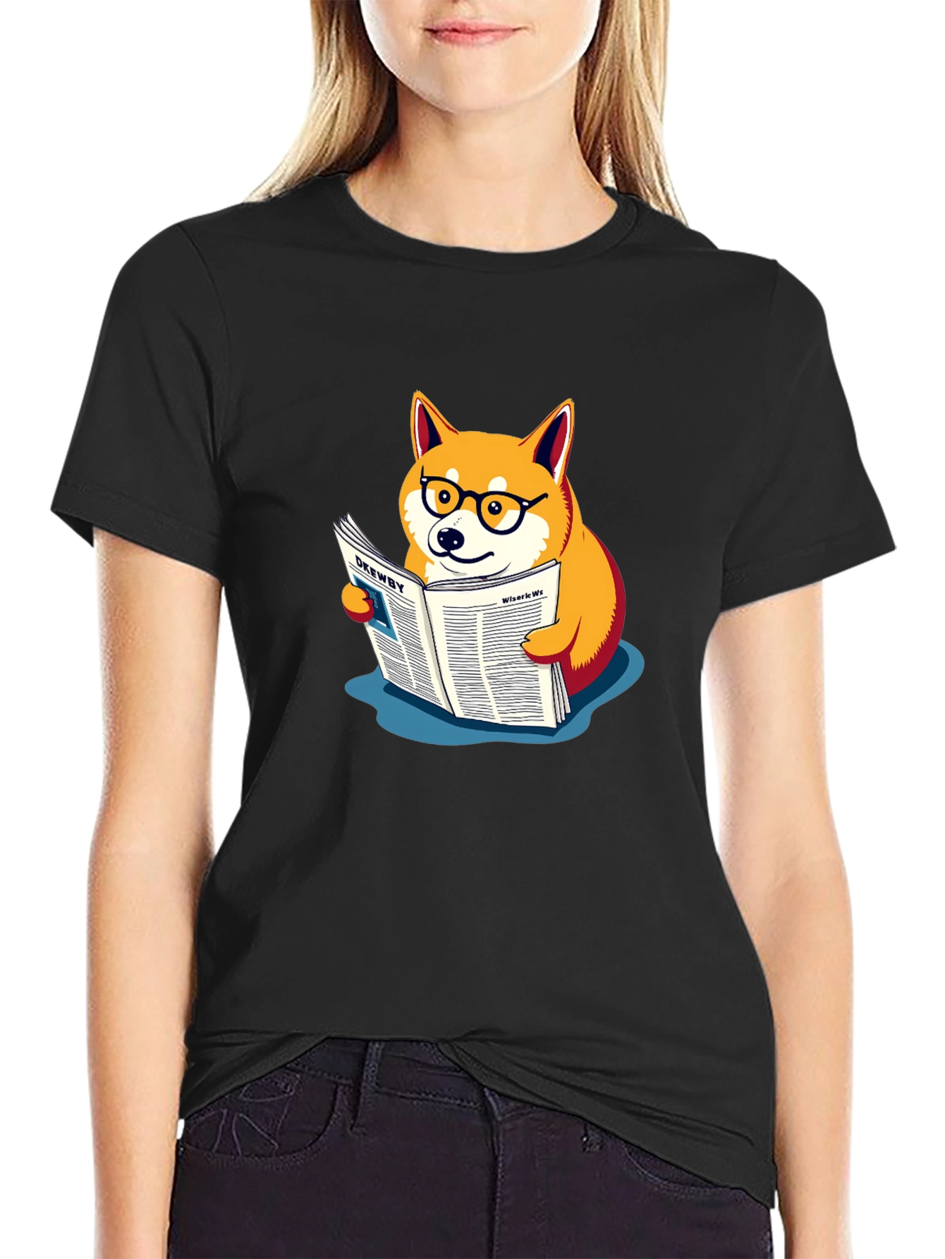 Black Shiba Inu Reading Newspaper Graphic Tee view 2