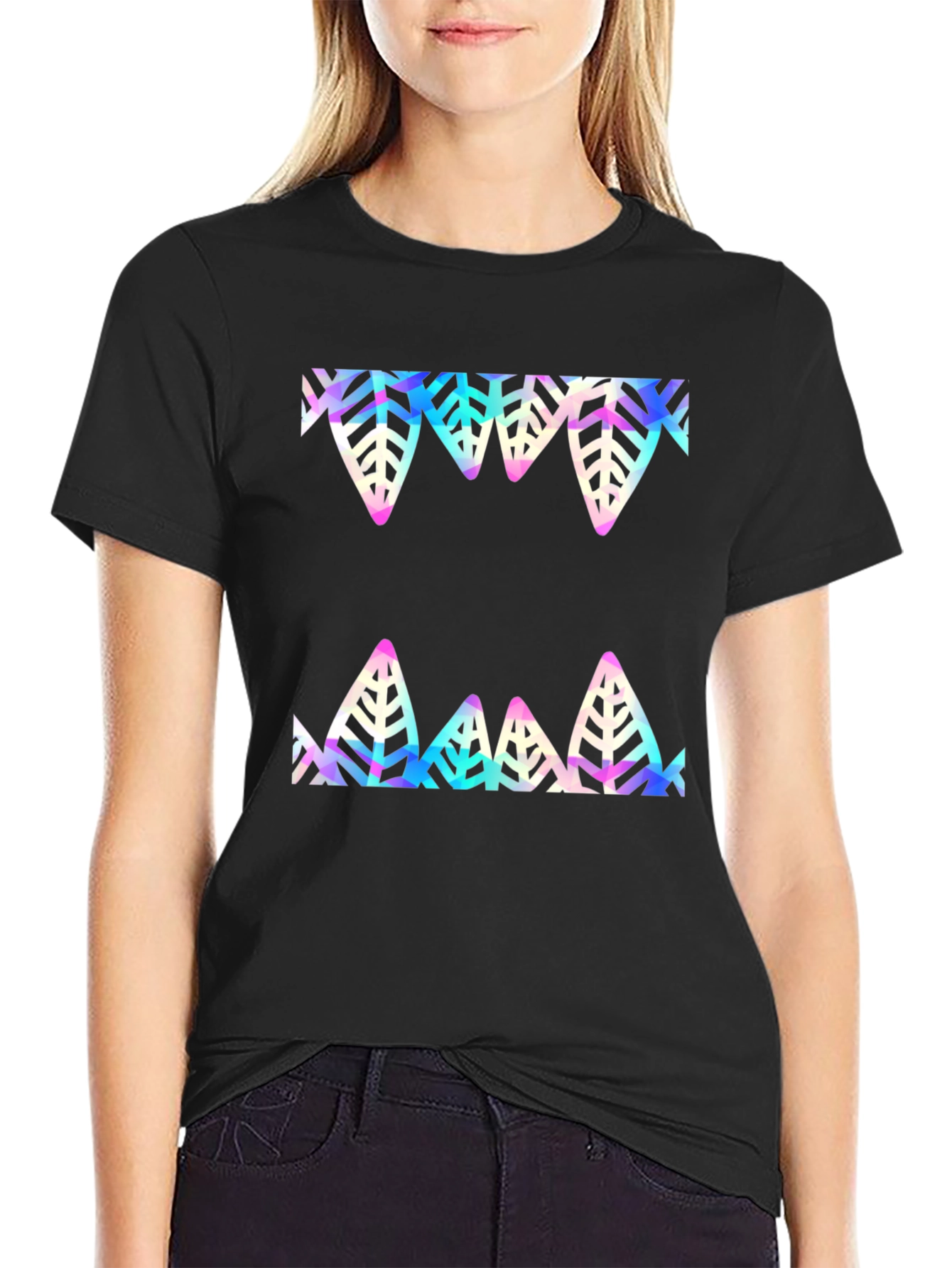 Black Abstract Leaf Design Black T-Shirt view 2