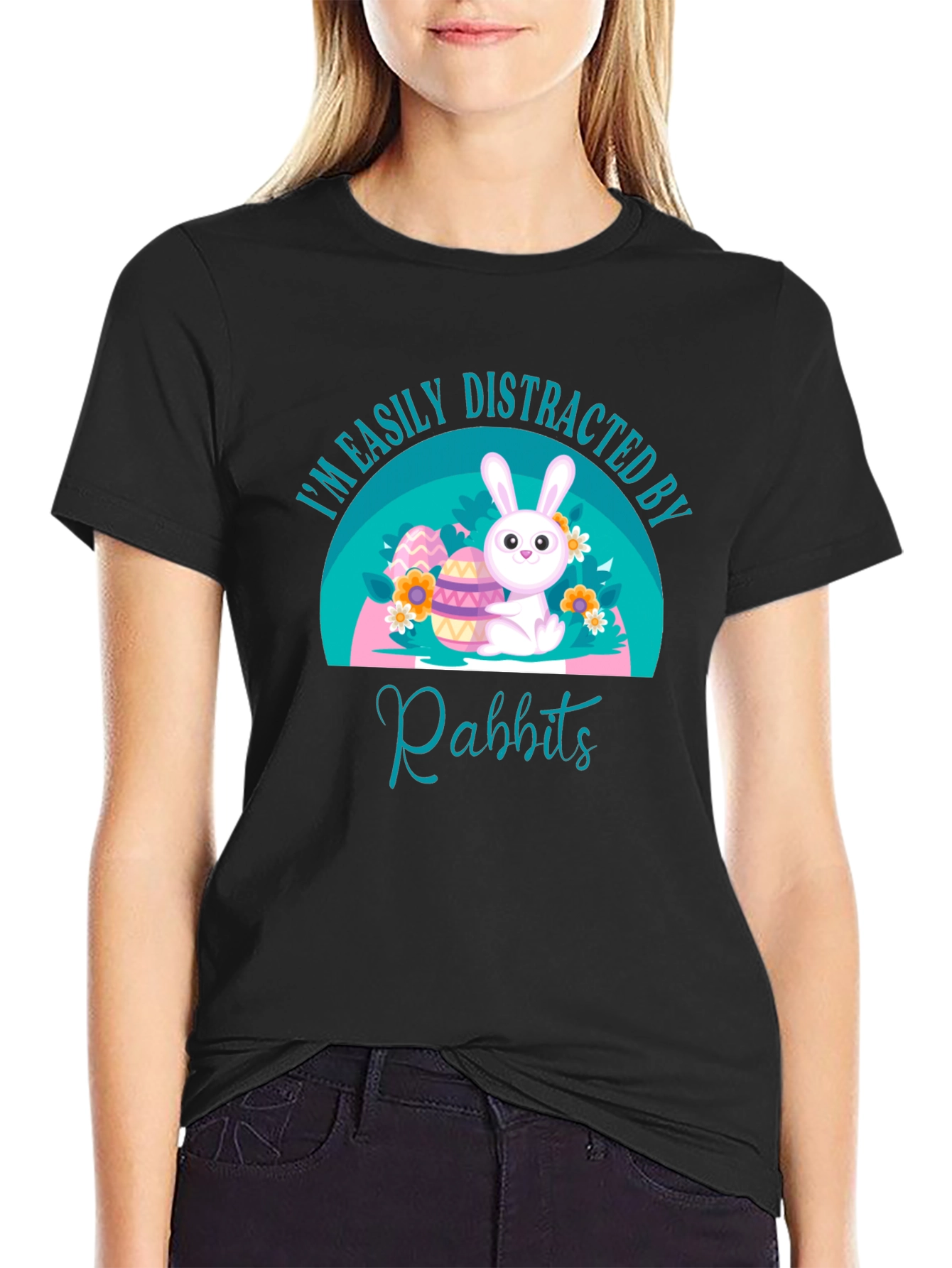 Black Easily Distracted By Rabbits T-Shirt view 2