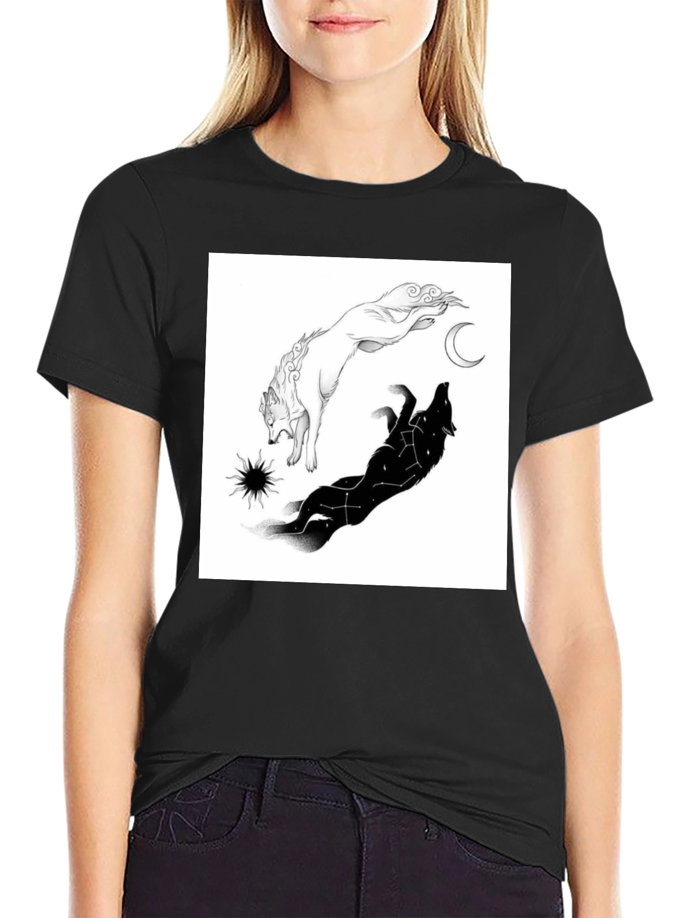 Black Yin Yang Wolf Graphic T-Shirt - Celestial Design view 2