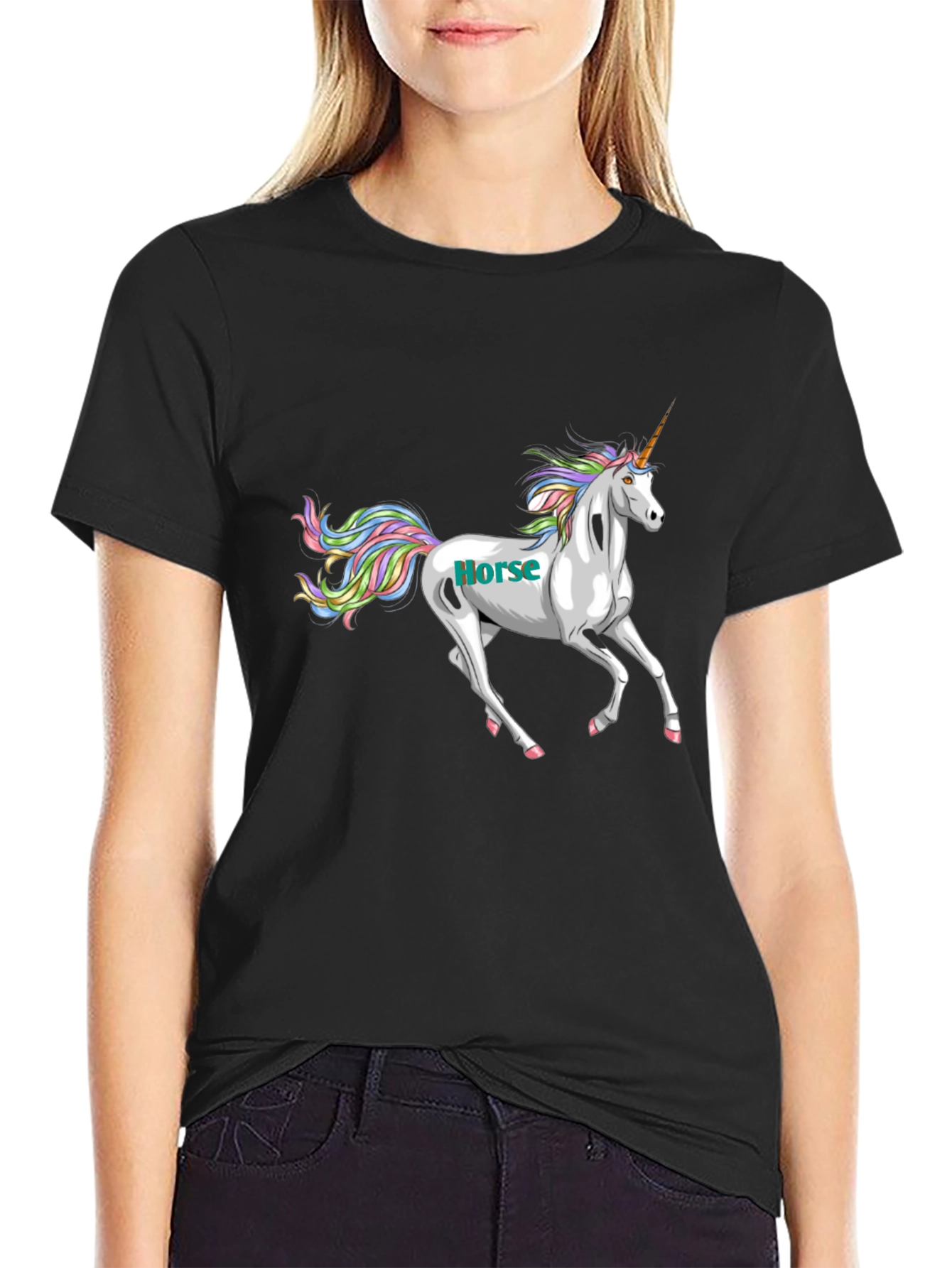 Black Unicorn Horse Graphic Print Black T-Shirt view 2