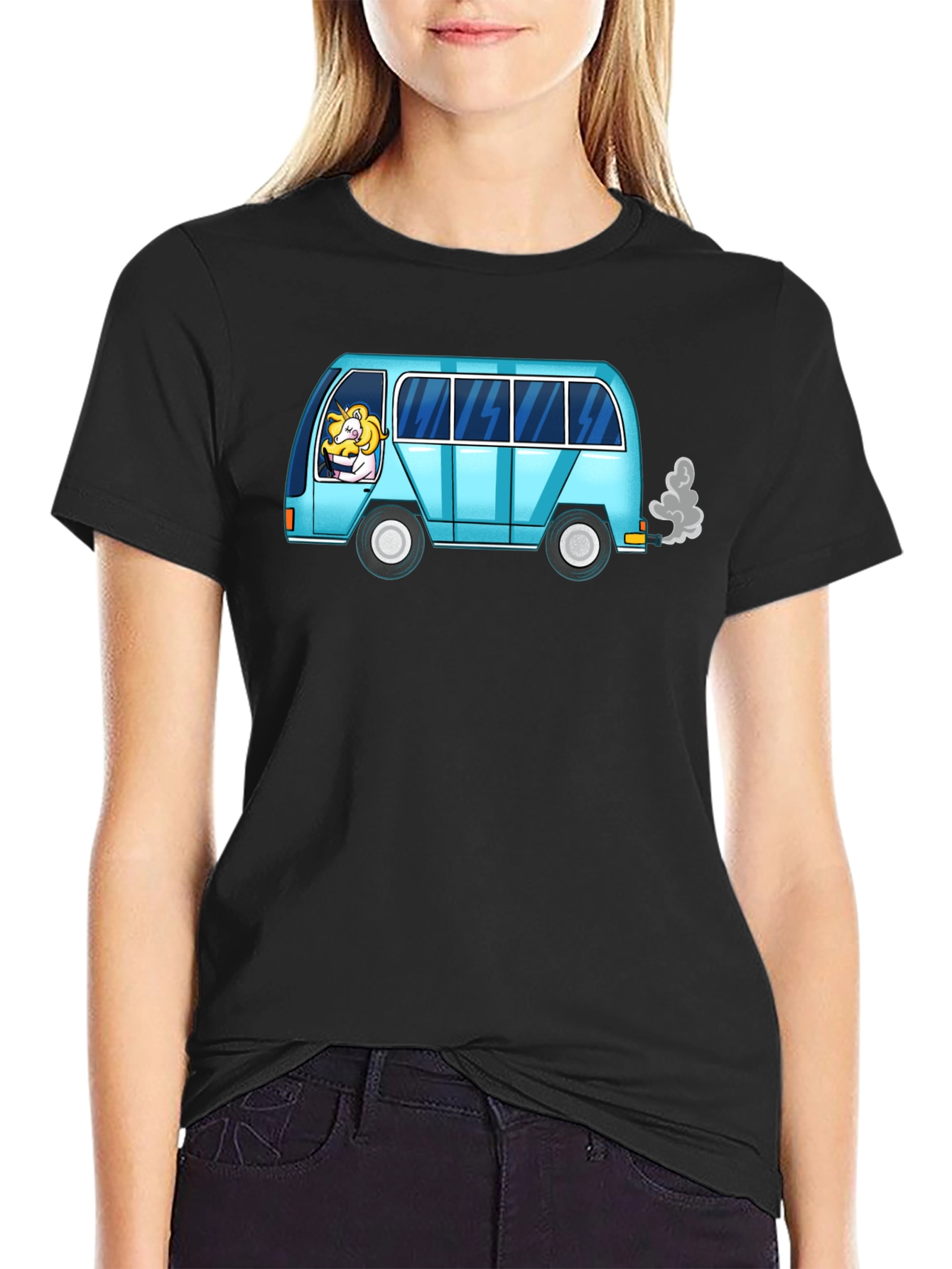 Black Unicorn Driver Tee - Quirky Cartoon Van T-Shirt view 2