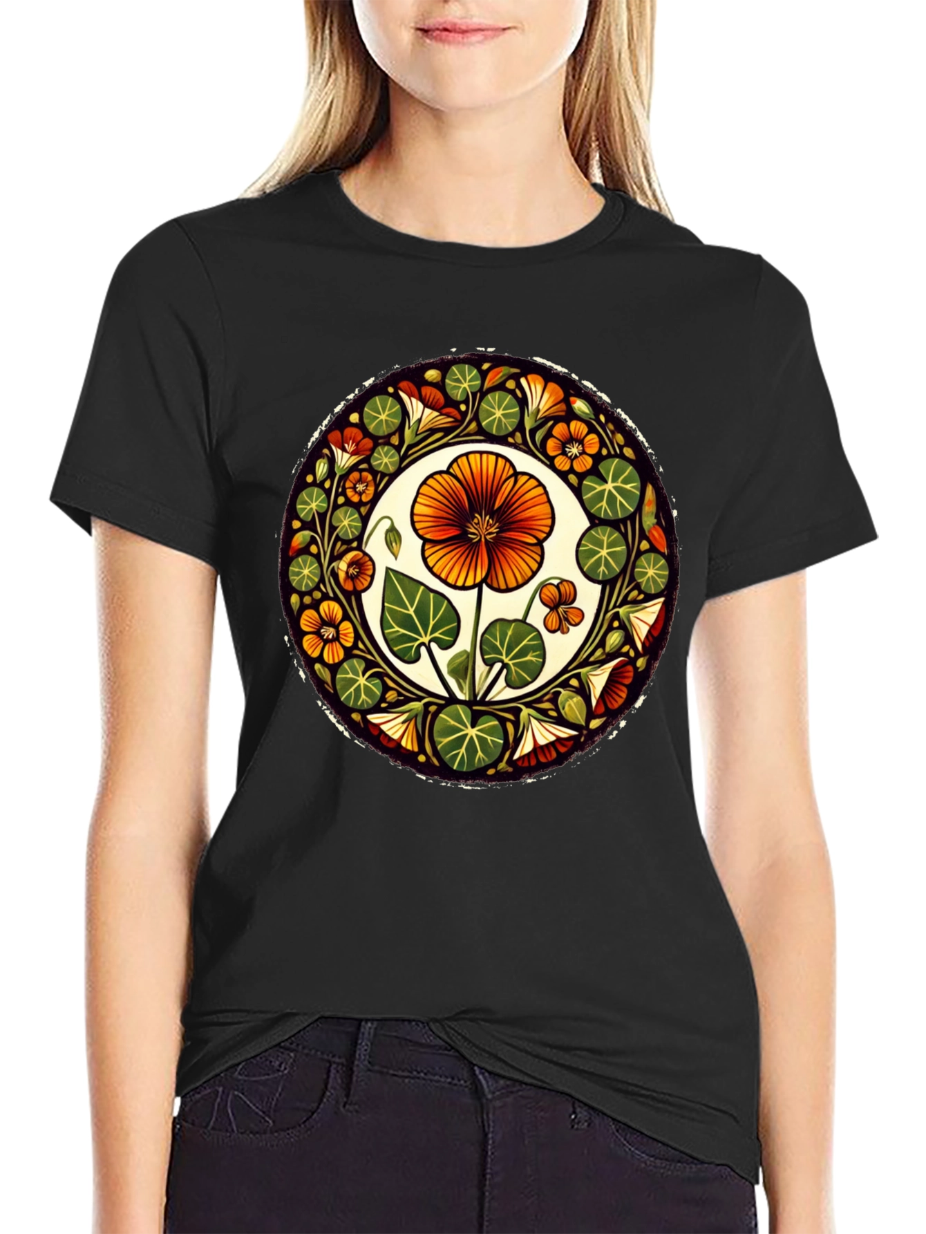 Black Floral Mandala Graphic Tee - Black Cotton T-Shirt view 2