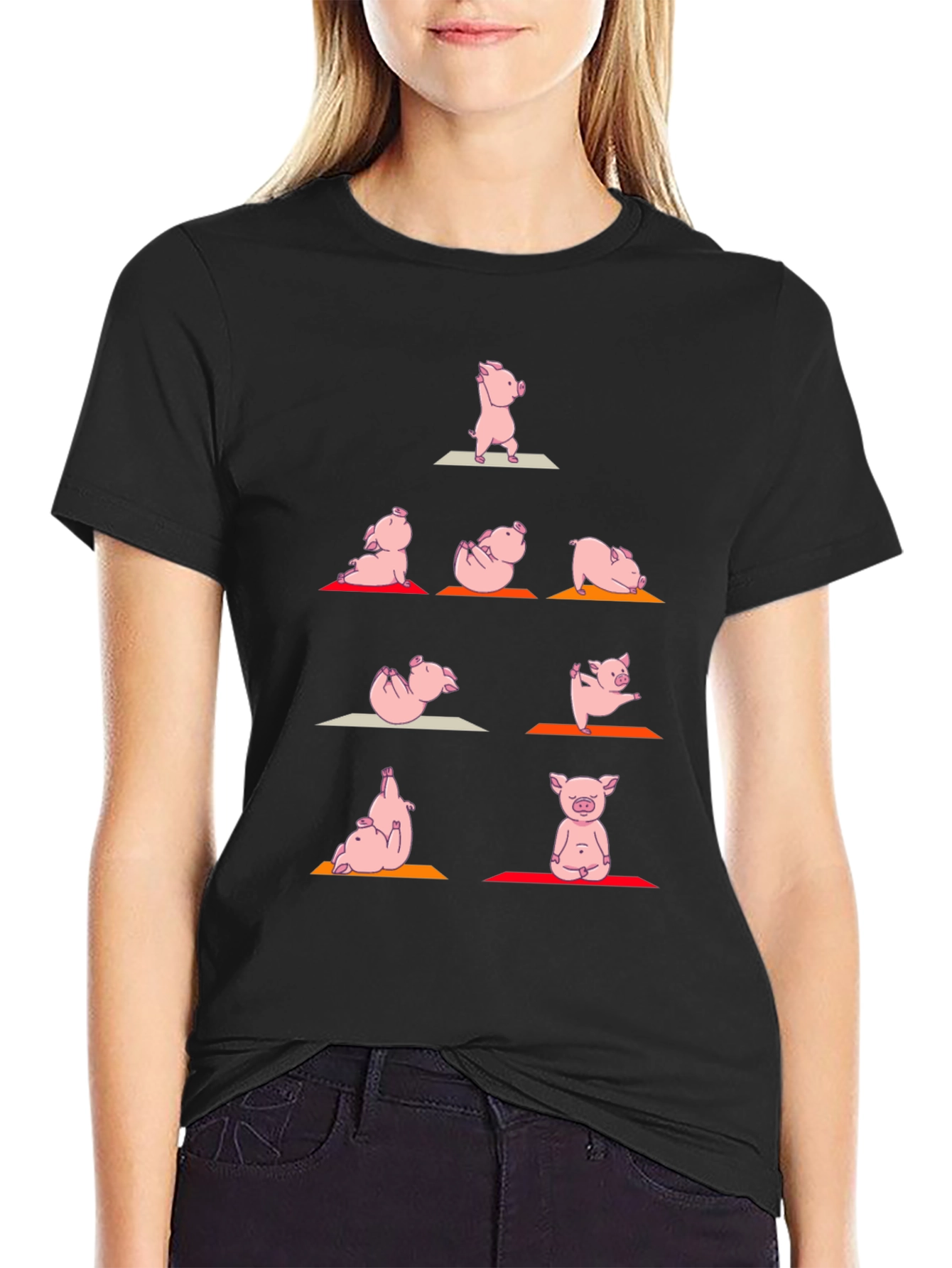 Black Yoga Pig T-Shirt: Funny Animal Graphic Tee view 2