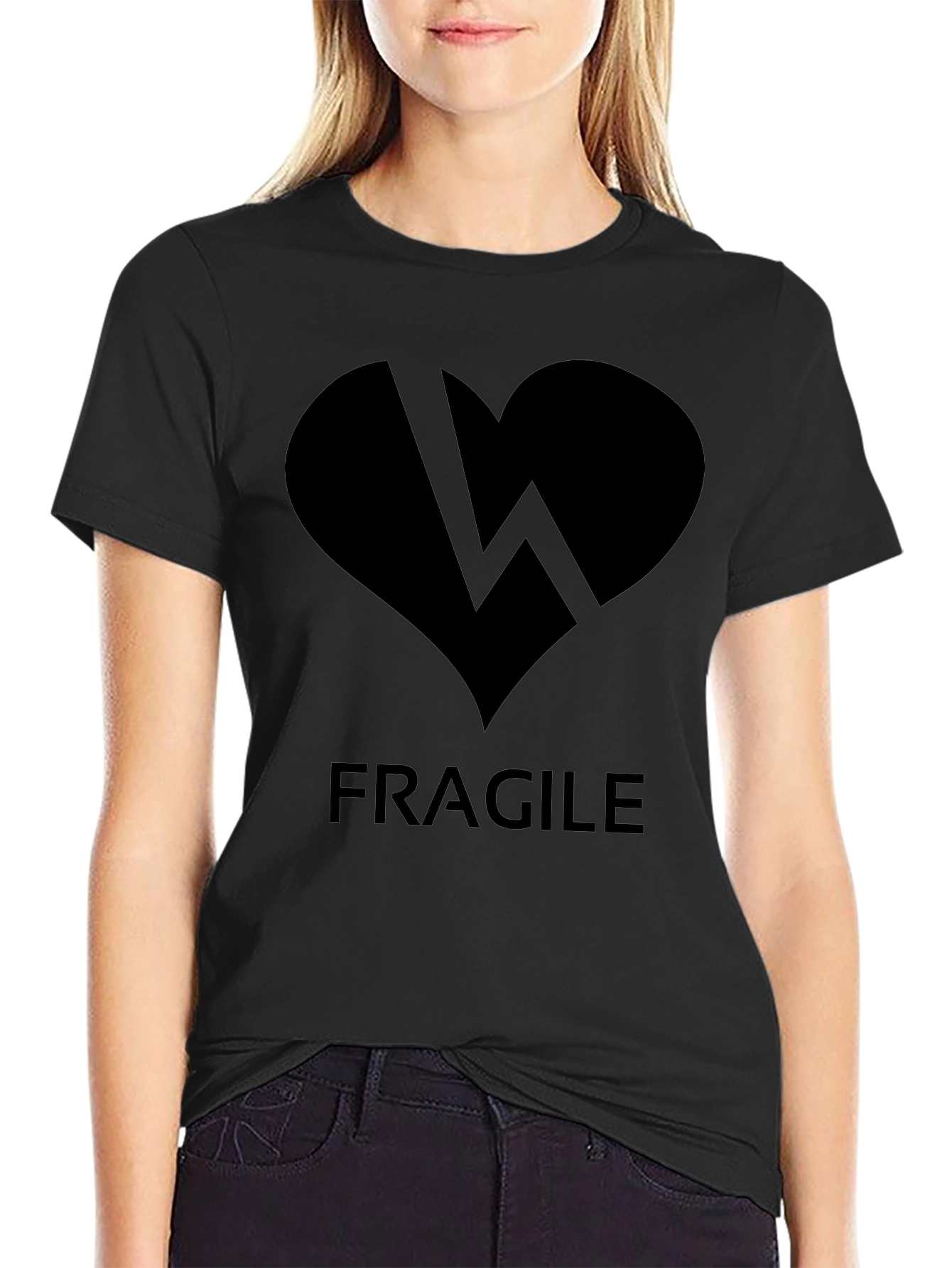 Black Fragile Heart Graphic Tee - Black Crew Neck Shirt view 2