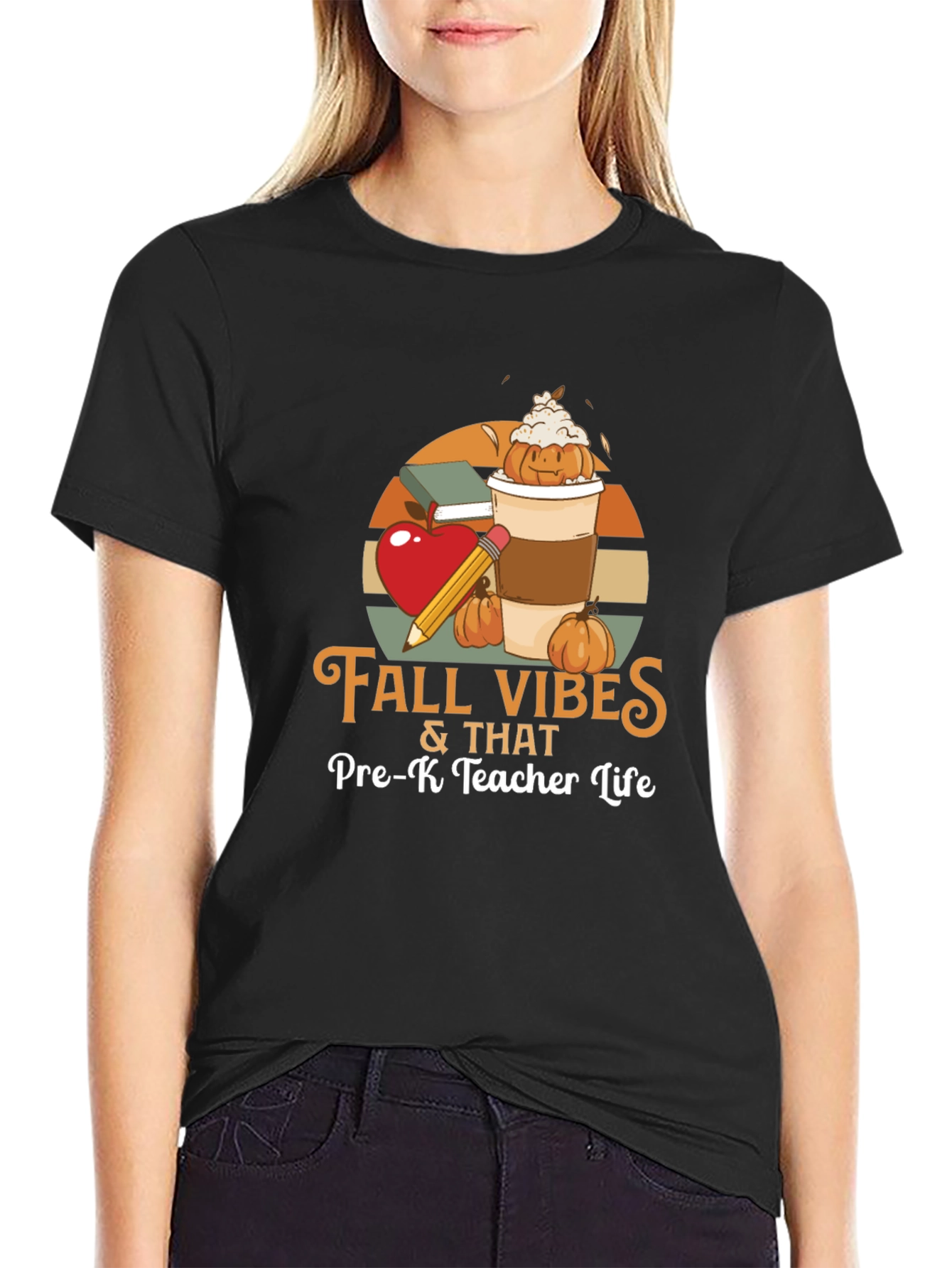 Black Fall Vibes Pre-K Teacher Life T-Shirt view 2