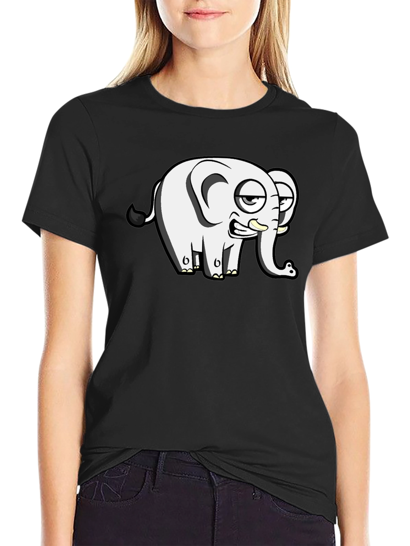 Black Funny Elephant Cartoon Black T-Shirt view 2