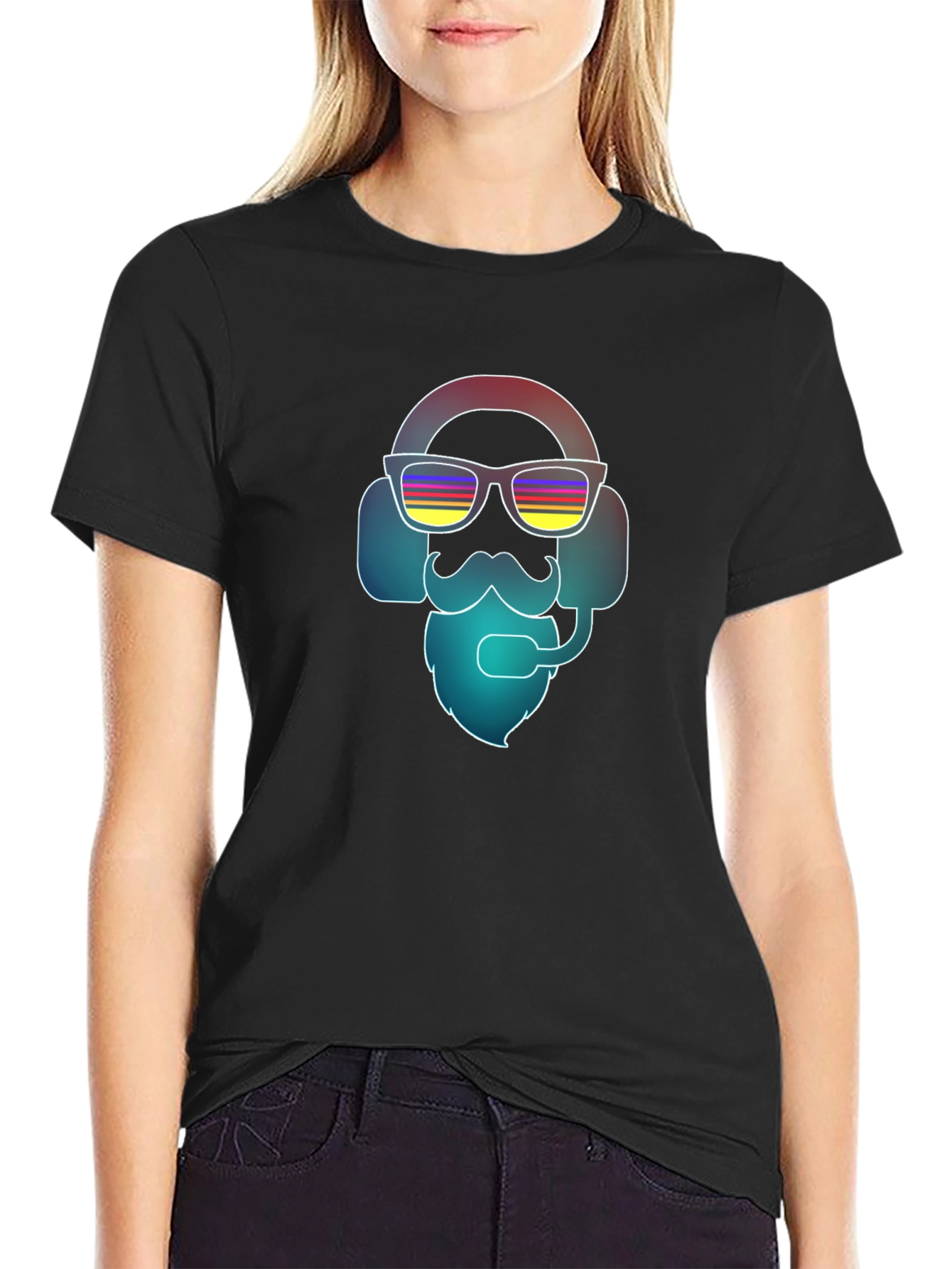 Black Cool Retro Gamer T-Shirt - Bearded Headphone Design view 2
