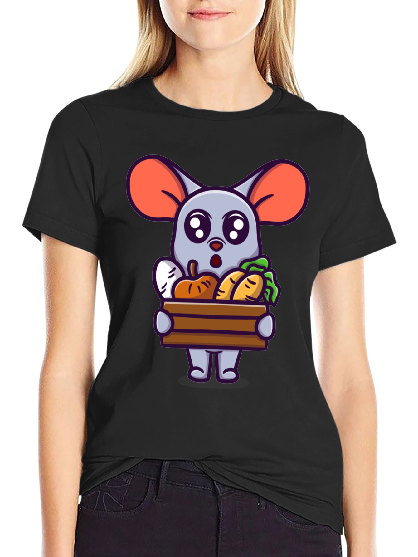 Black Cute Cartoon Mouse with Veggies T-Shirt view 2