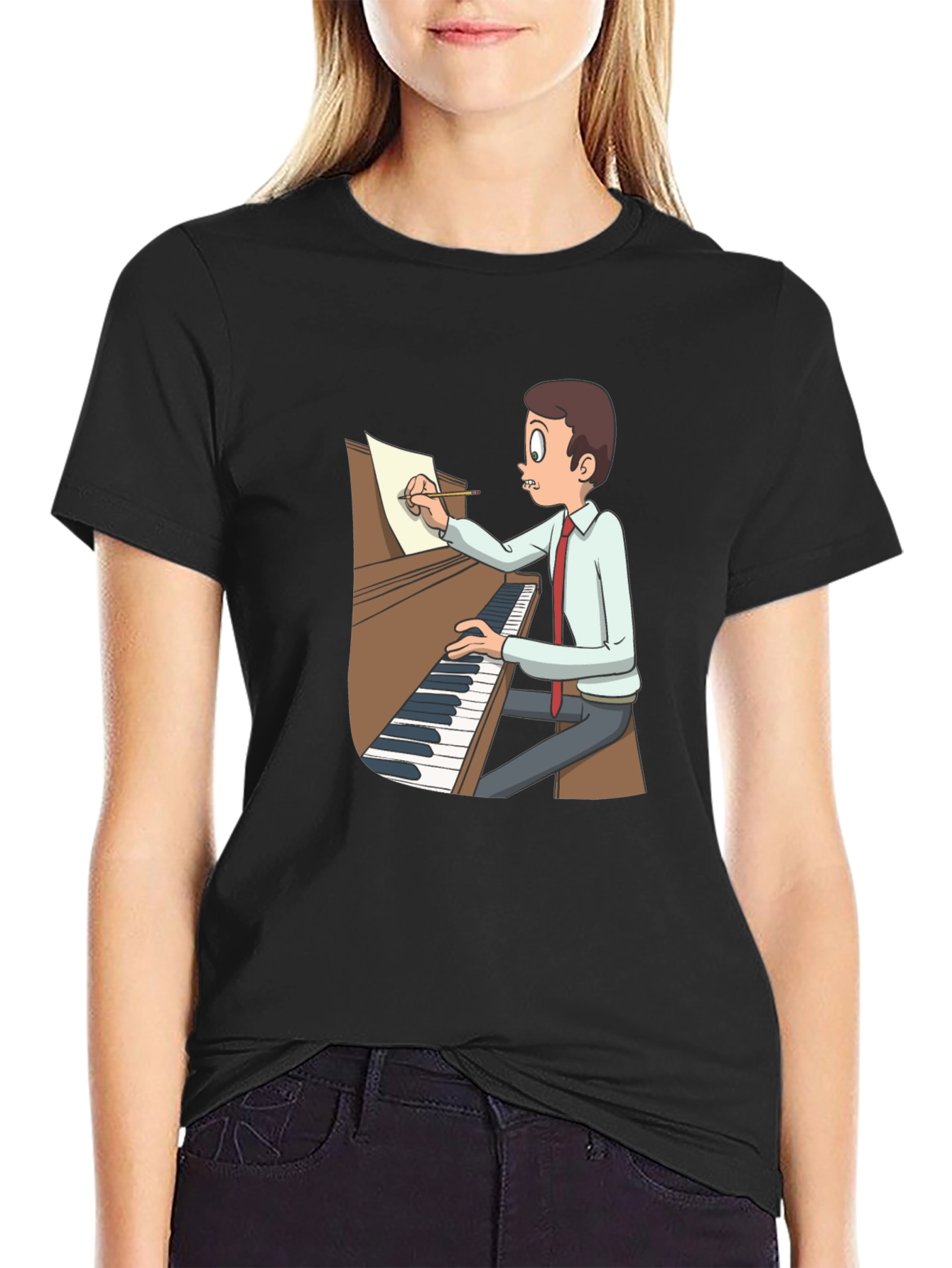 Black Cartoon Pianist T-Shirt - Music Lover Tee view 2