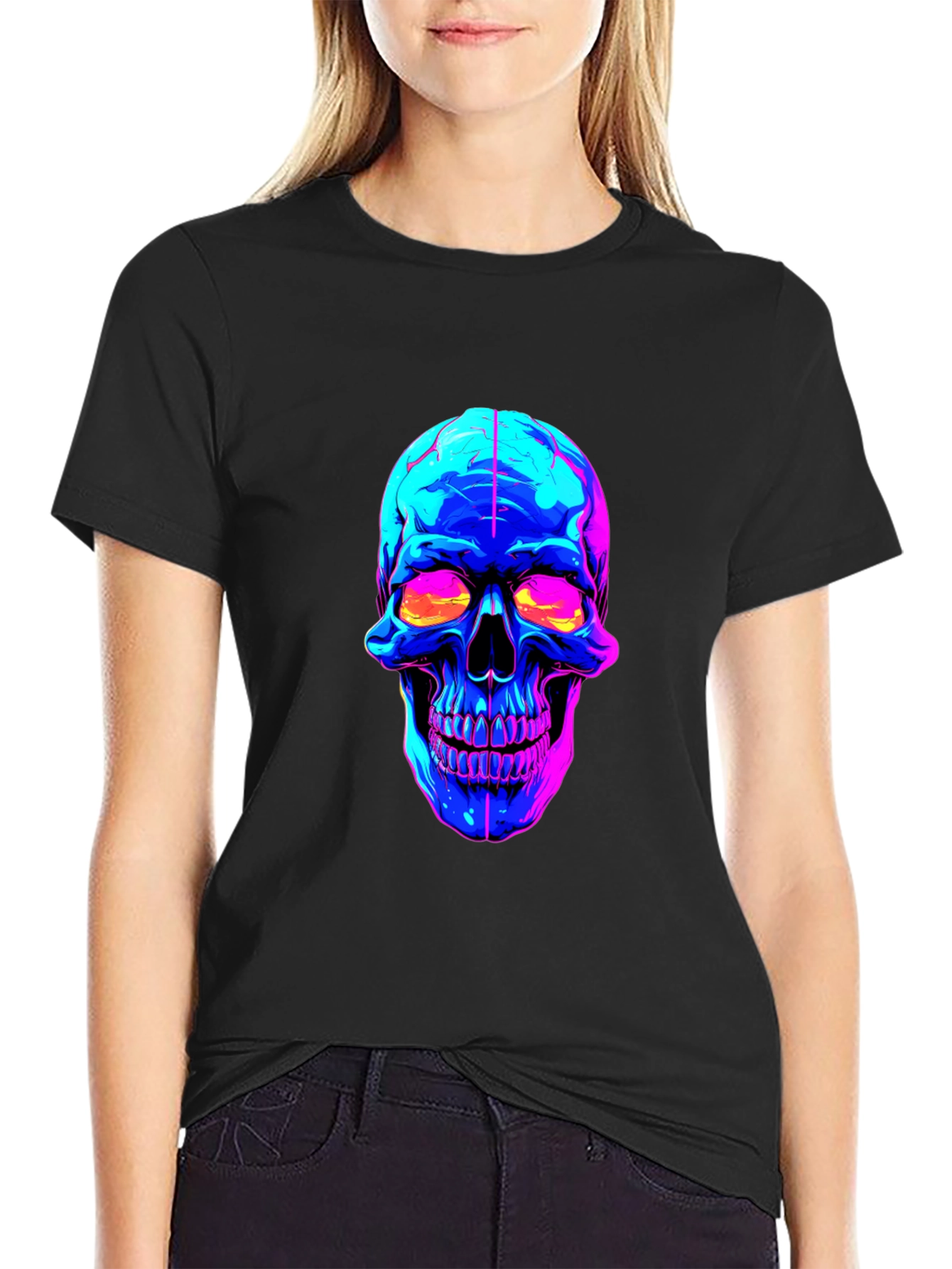 Black Neon Skull Graphic Black T-Shirt view 2