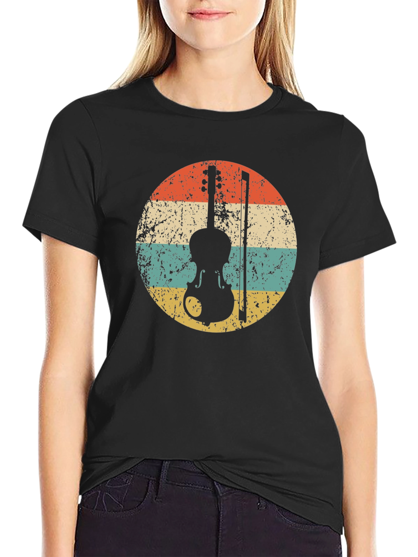 Black Retro Violin T-Shirt - Vintage Style Music Tee view 2