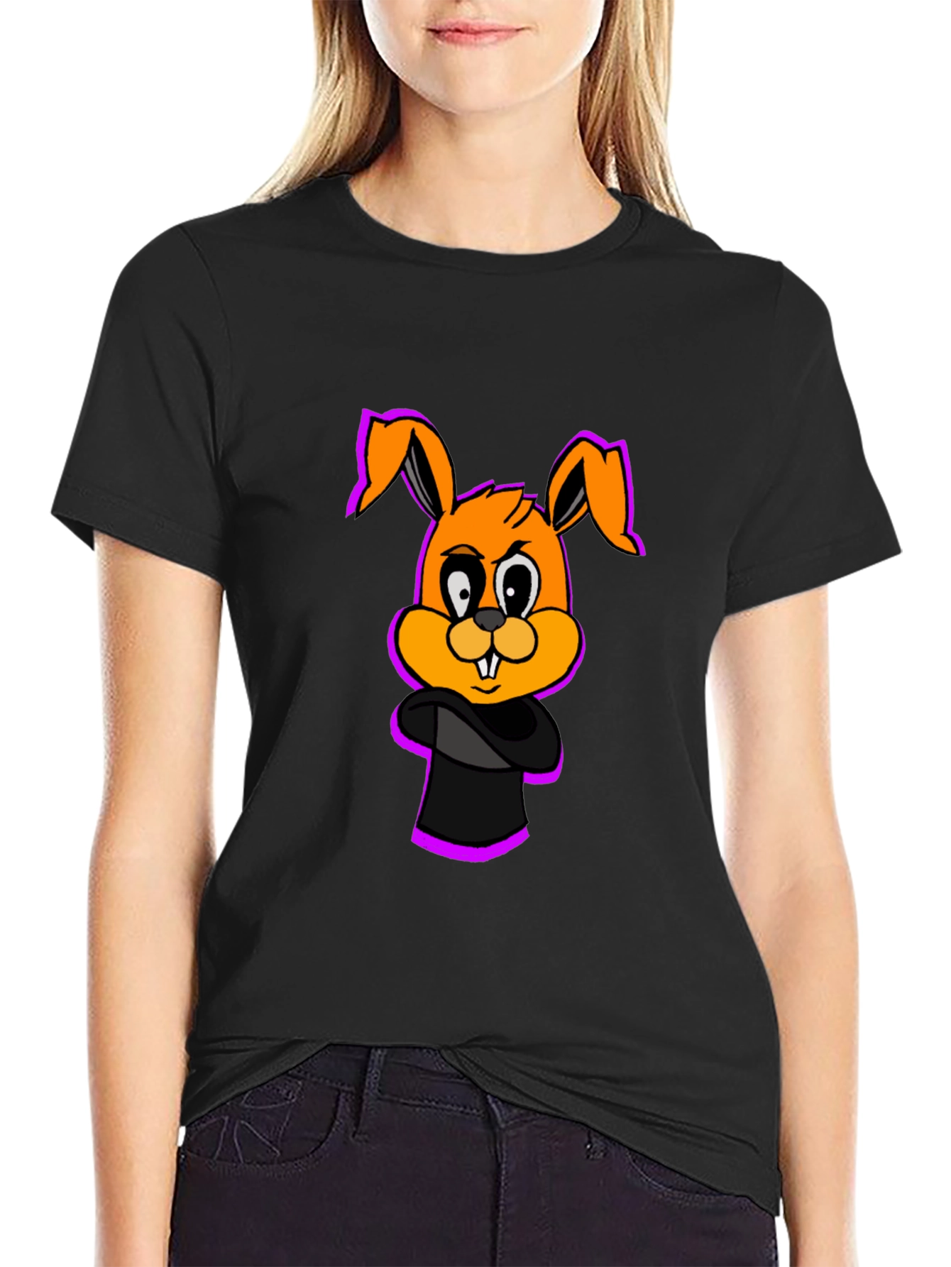 Black Cartoon Bunny Graphic Black T-Shirt view 2