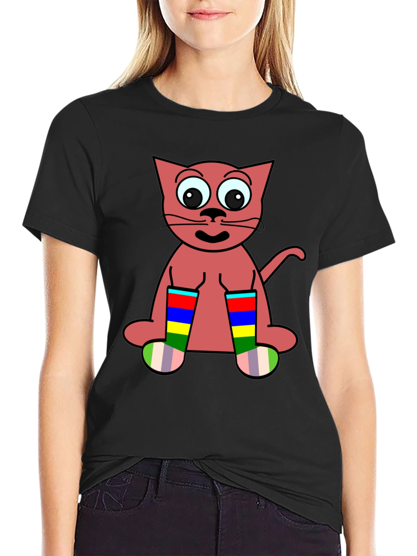 Black Cartoon Cat Rainbow Socks Black T-Shirt view 2