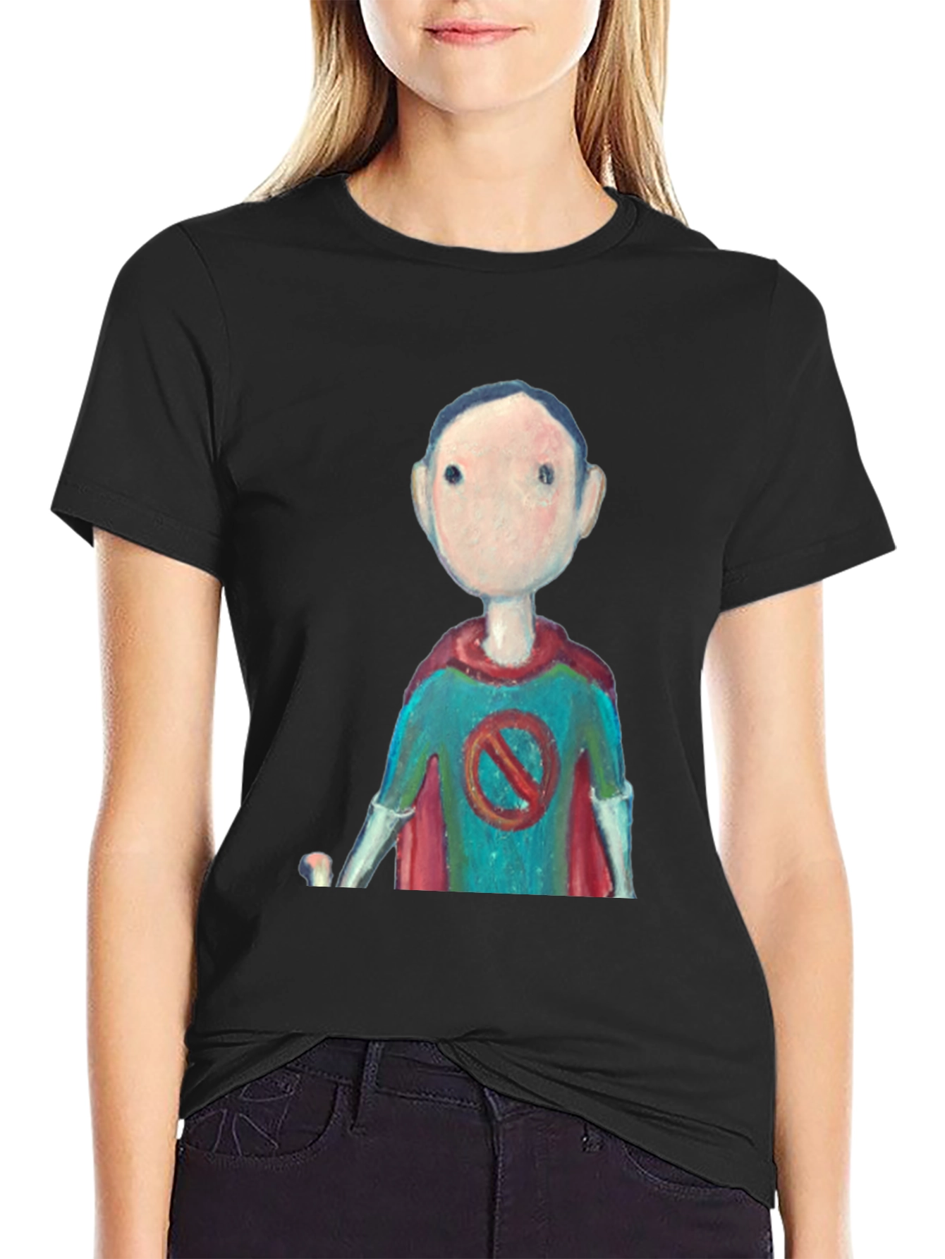 Black Superhero Cartoon Graphic Tee - Black Casual T-Shirt view 2