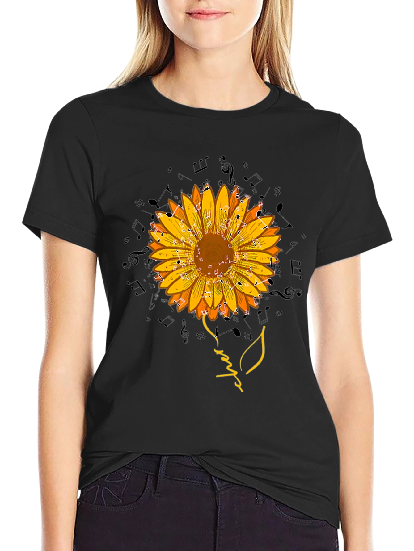 Black Sunflower Music Note Graphic Tee view 2