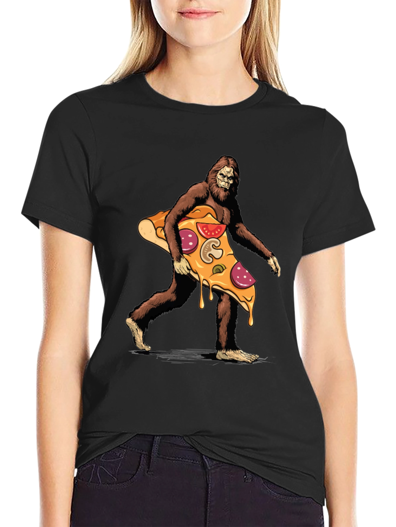 Black Bigfoot Pizza T-Shirt - Funny Graphic Tee view 2