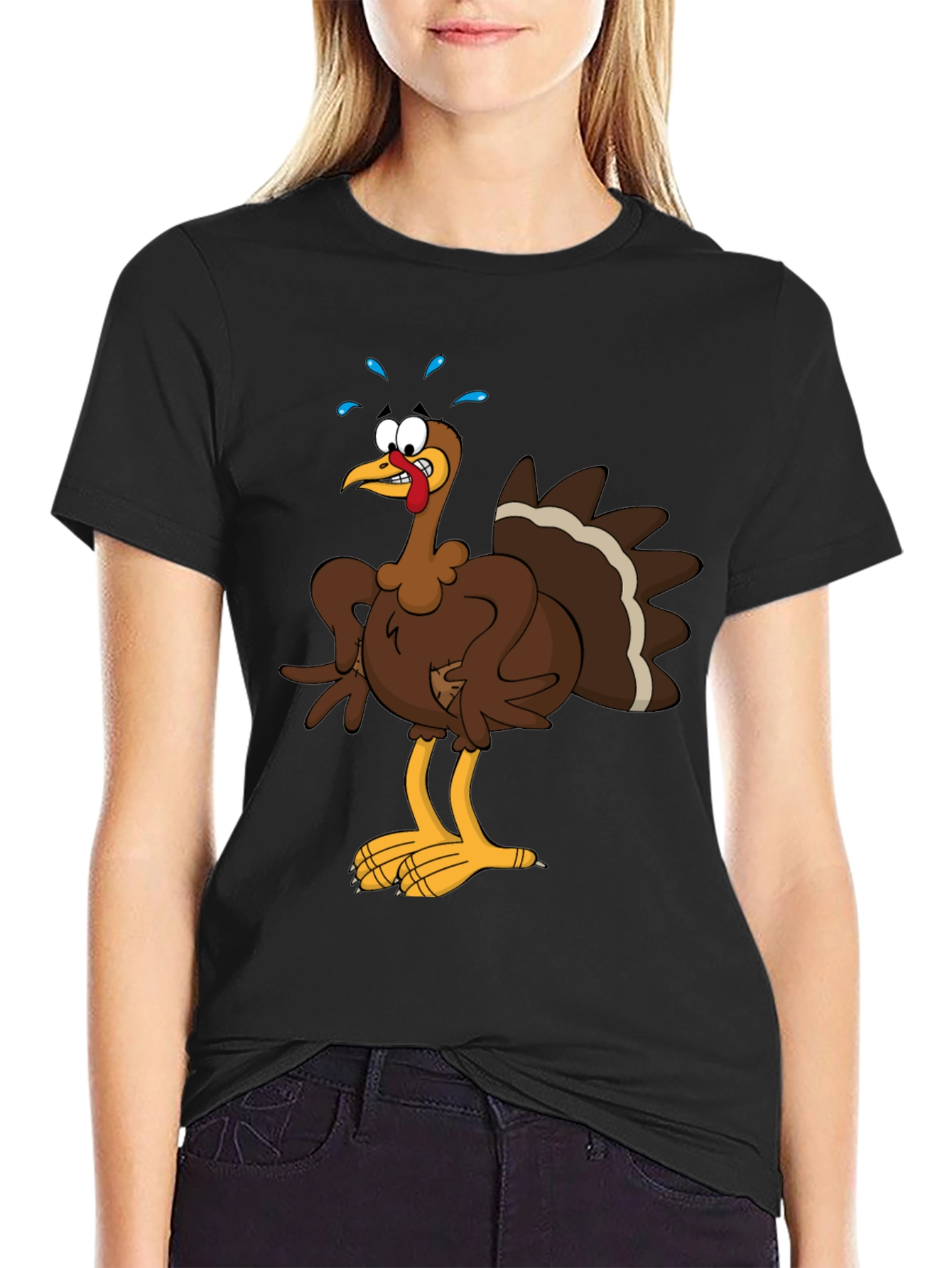 Black Turkey Cartoon Graphic Tee - Thanksgiving Apparel view 2