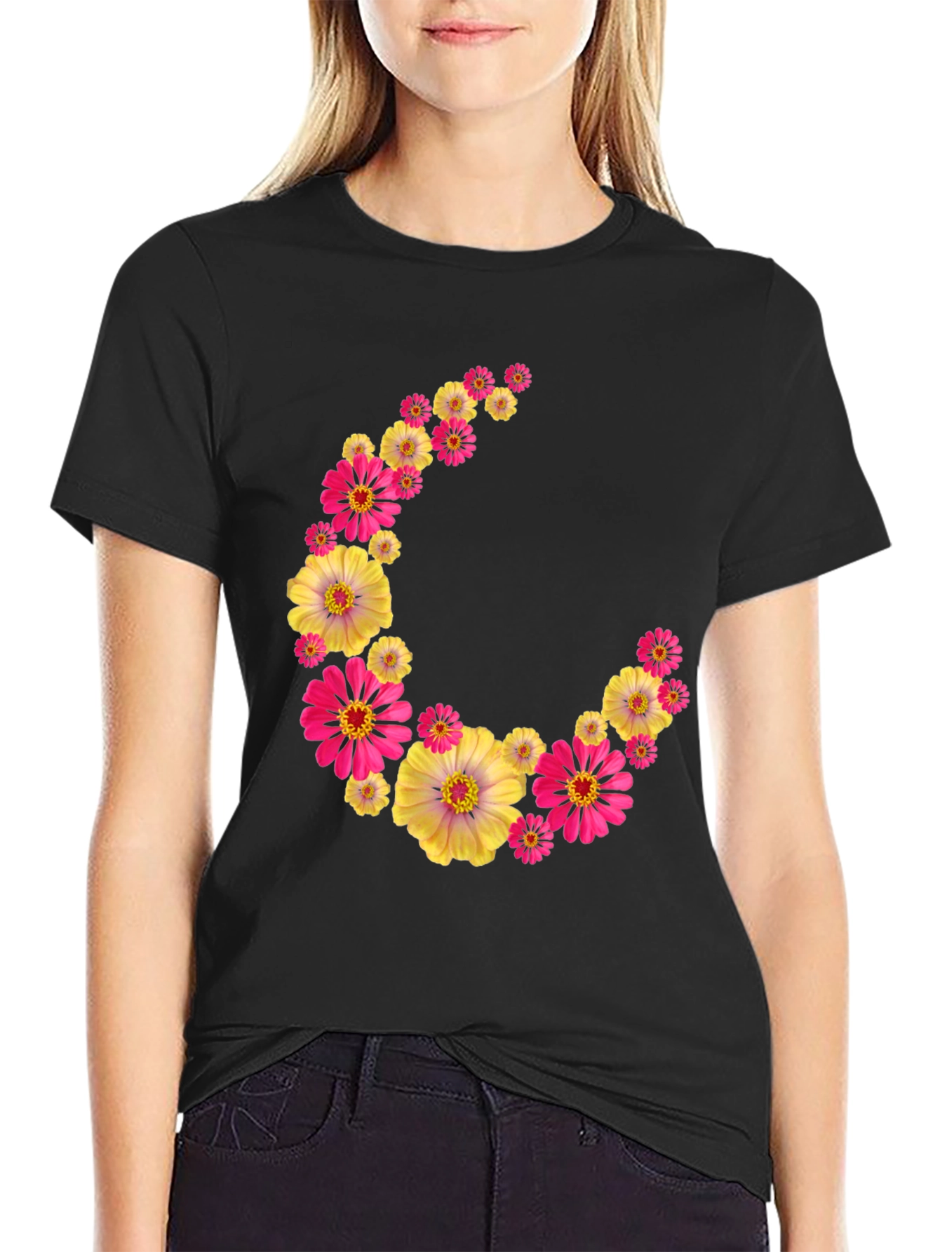 Black Floral Crescent Moon Black T-Shirt view 2
