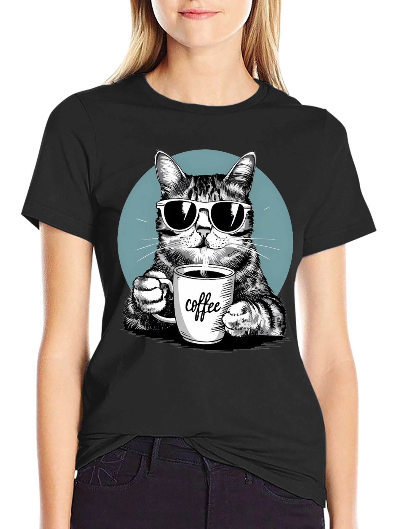 Black Cool Cat Coffee Lover Graphic T-Shirt view 2