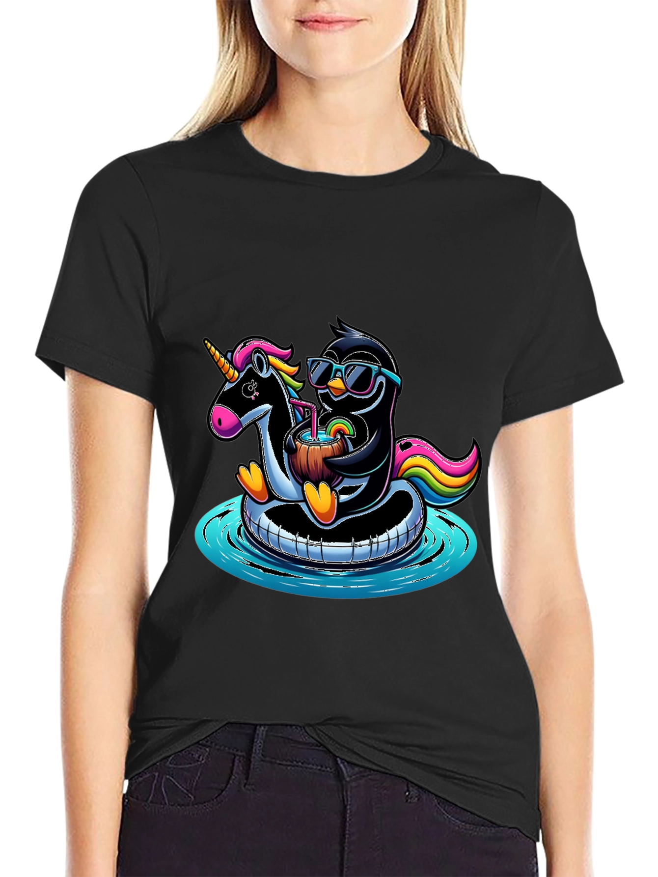 Black Penguin & Unicorn Pool Party Graphic Tee view 2