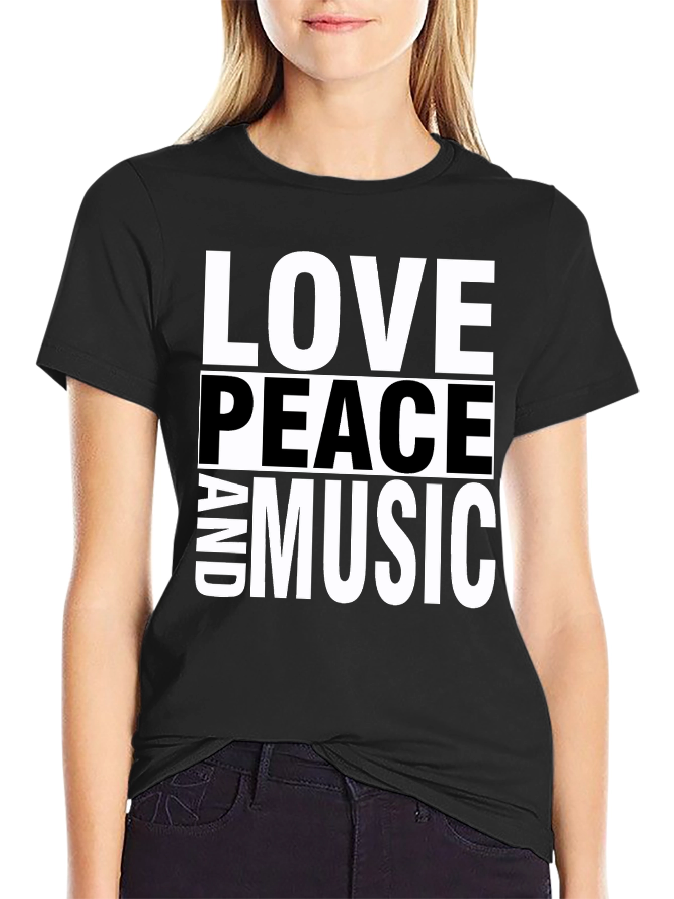 Black Love Peace and Music Black Graphic T-Shirt view 2