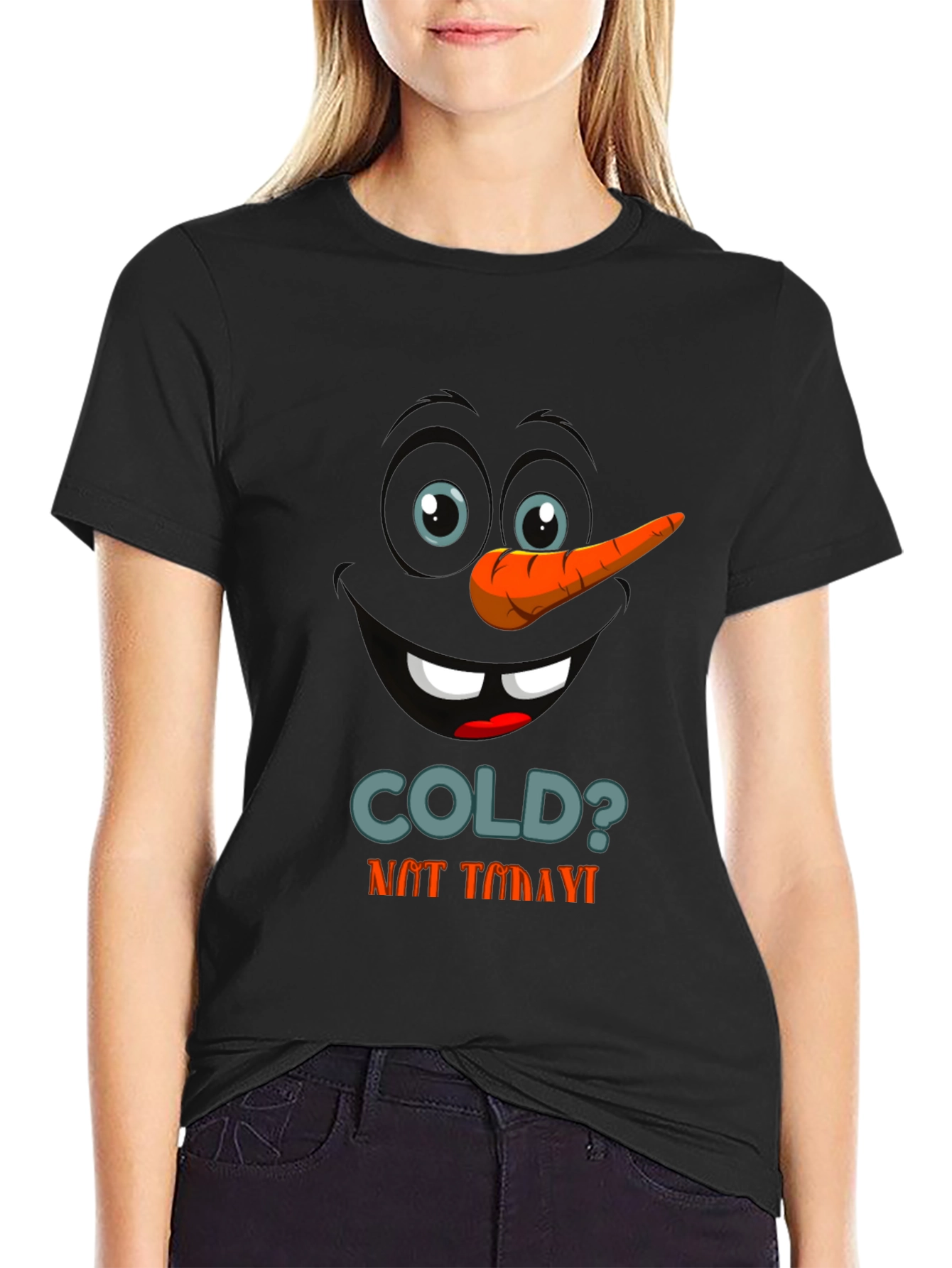 Black Funny Snowman Face Graphic T-Shirt view 2