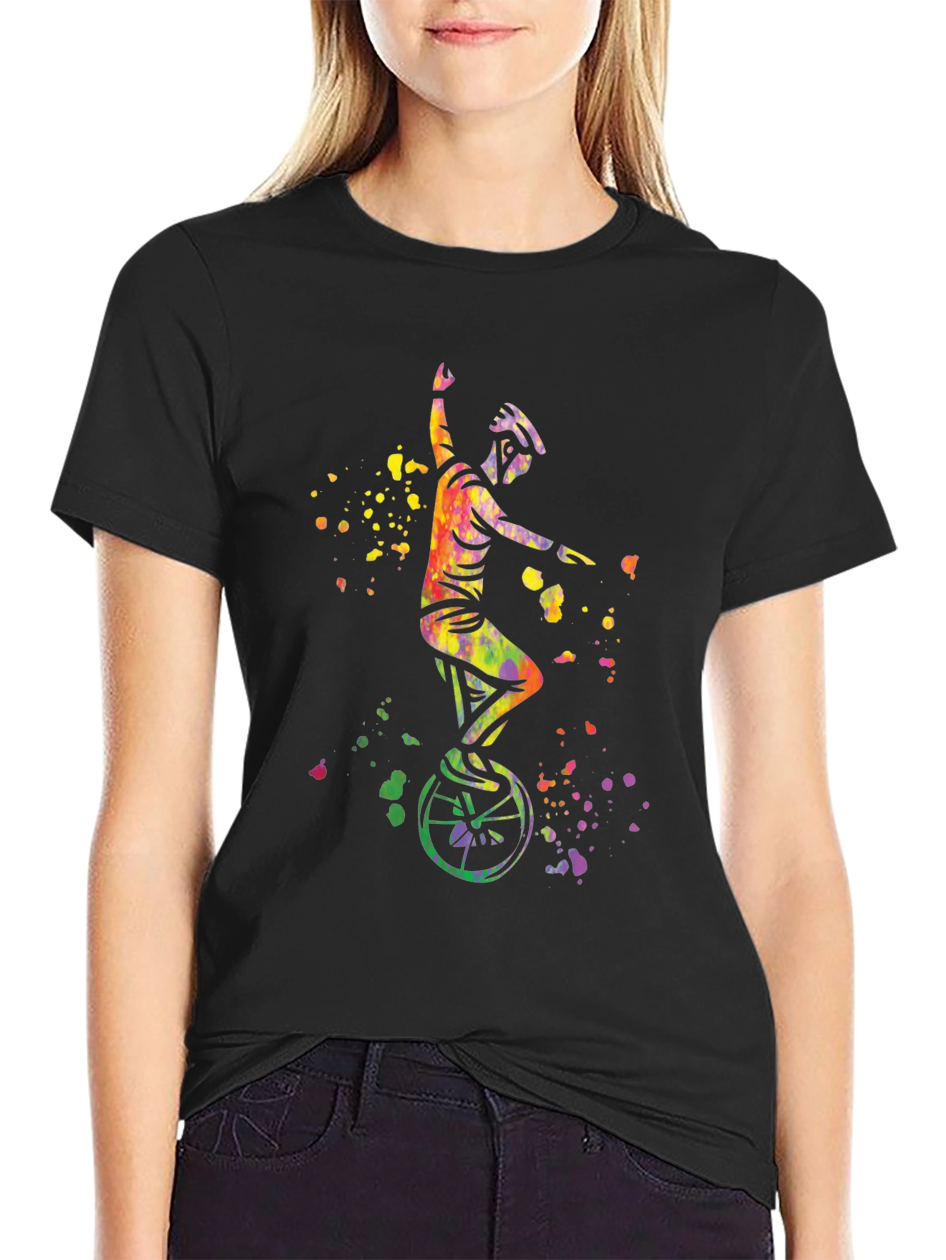 Black Unicyclist Watercolor Graphic T-Shirt view 2
