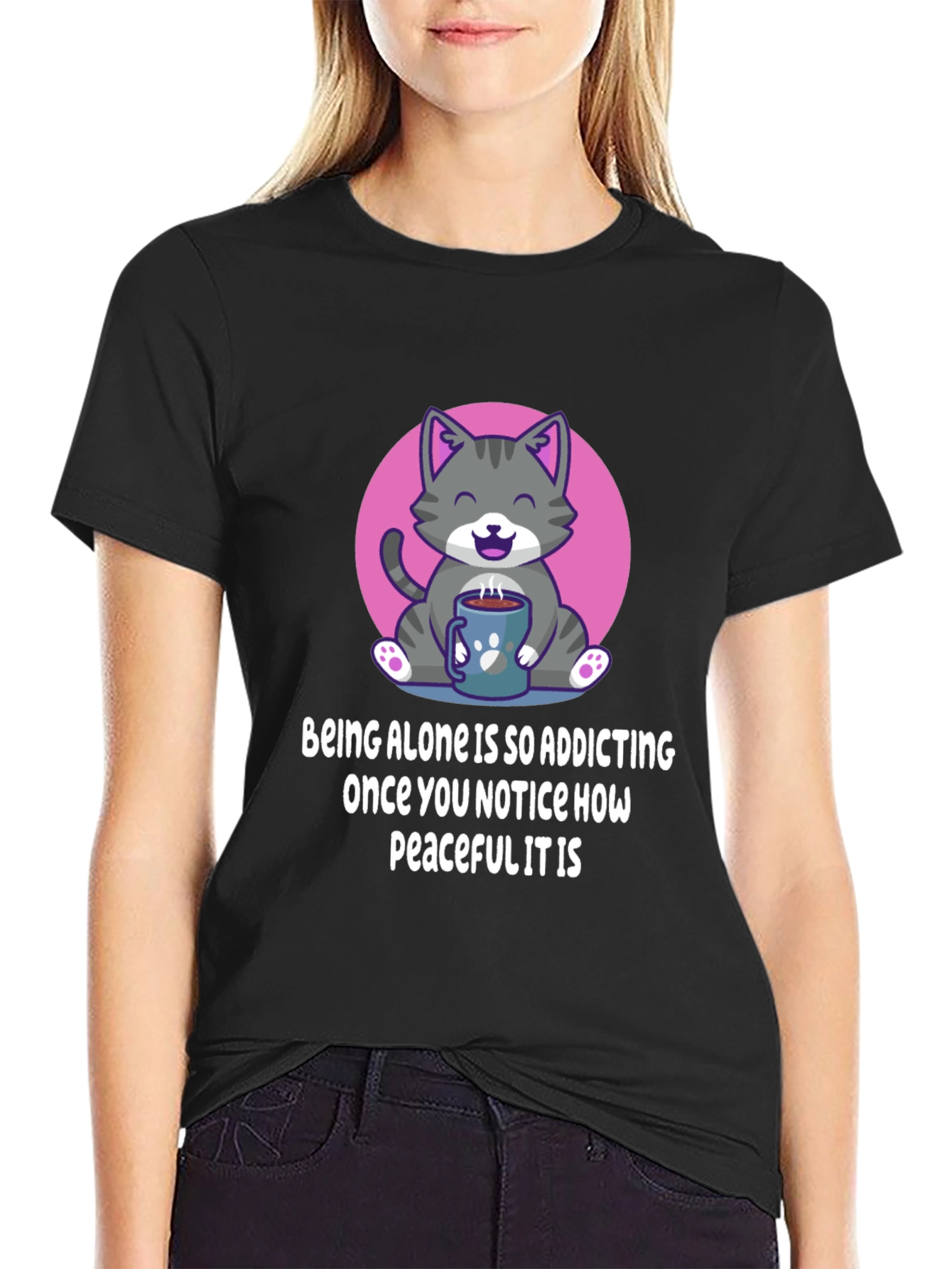Black Cute Cat Coffee T-Shirt: Peaceful Alone Time view 2