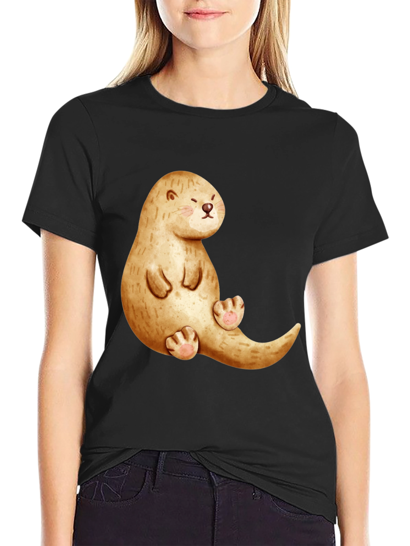 Black Cute Otter Graphic Tee - Unisex Casual Shirt view 2